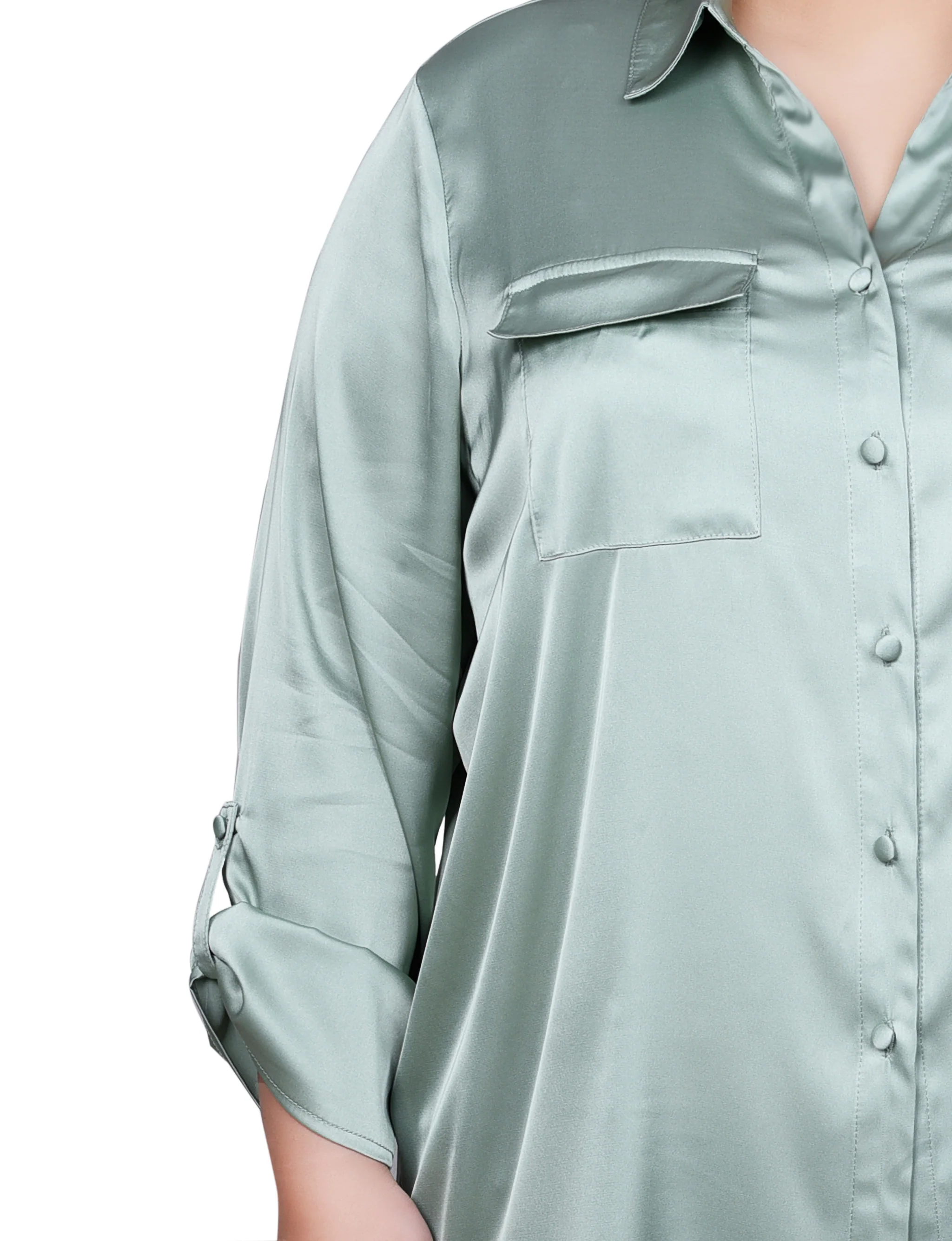 Green 3/4 Sleeve Roll Tab Satin Blouse - Plus Size - Image 3