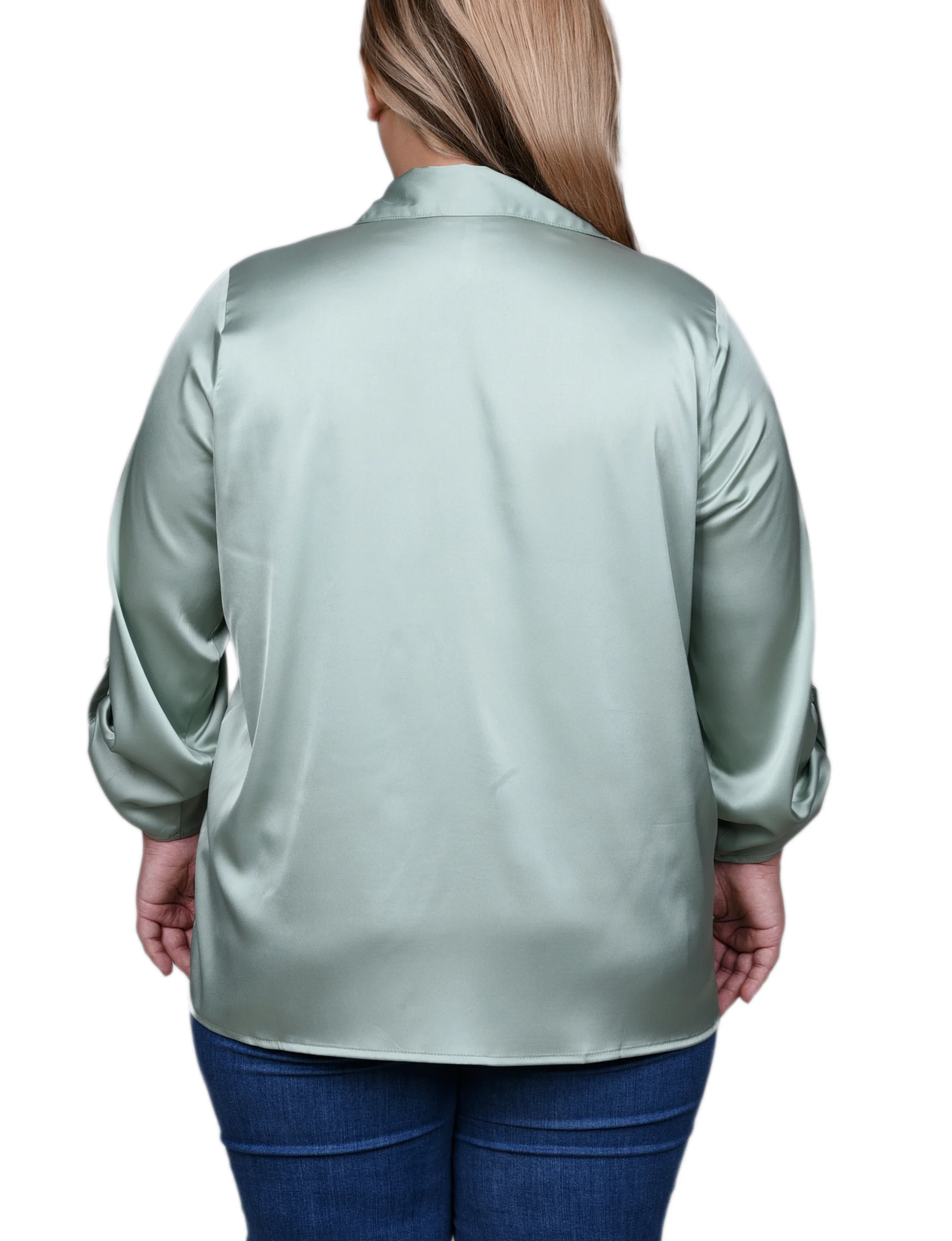 Green 3/4 Sleeve Roll Tab Satin Blouse - Plus Size - Image 4