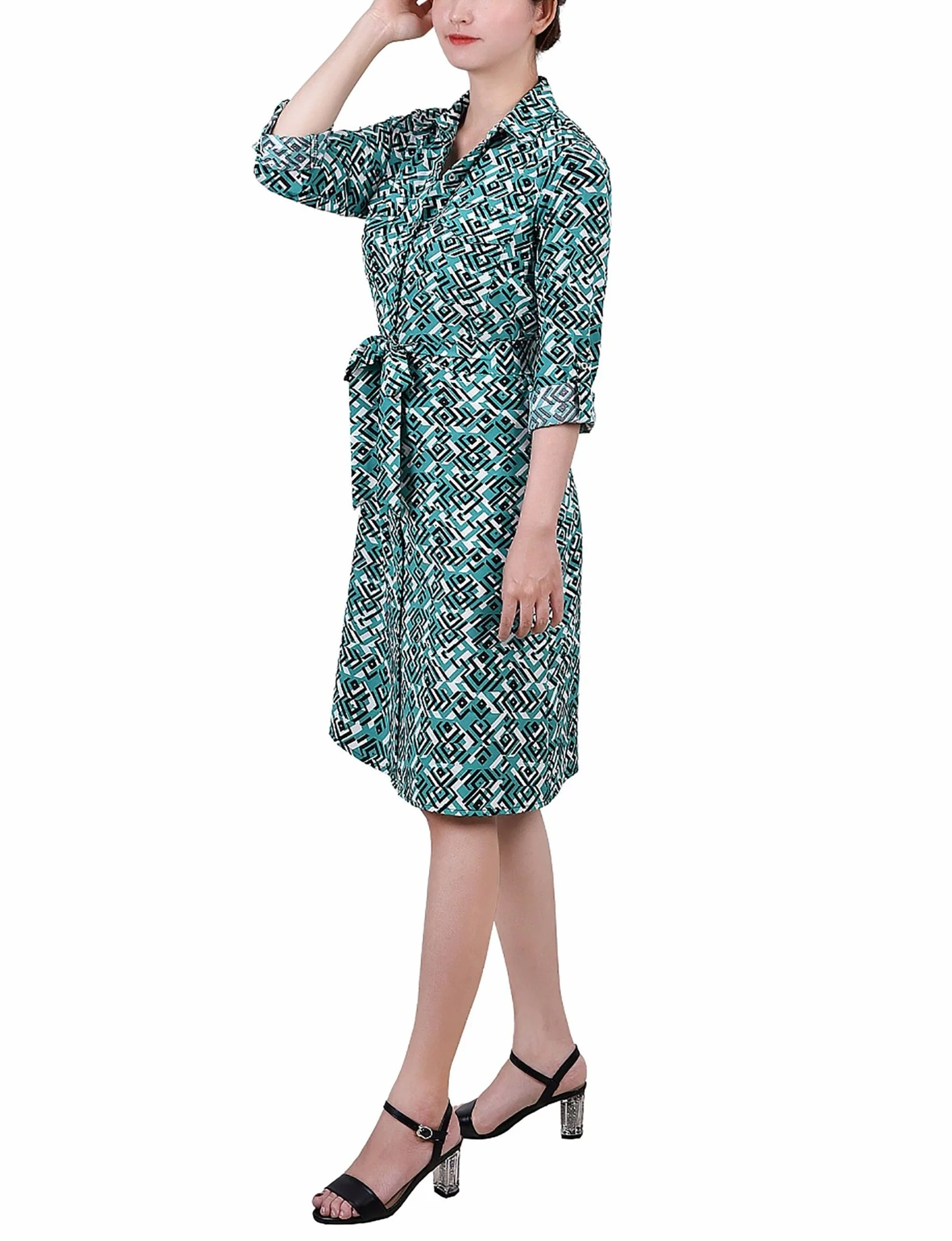 Green Diatribe 3/4 Roll Tab Sleeve Belted Shirtdress - Petite - Image 2