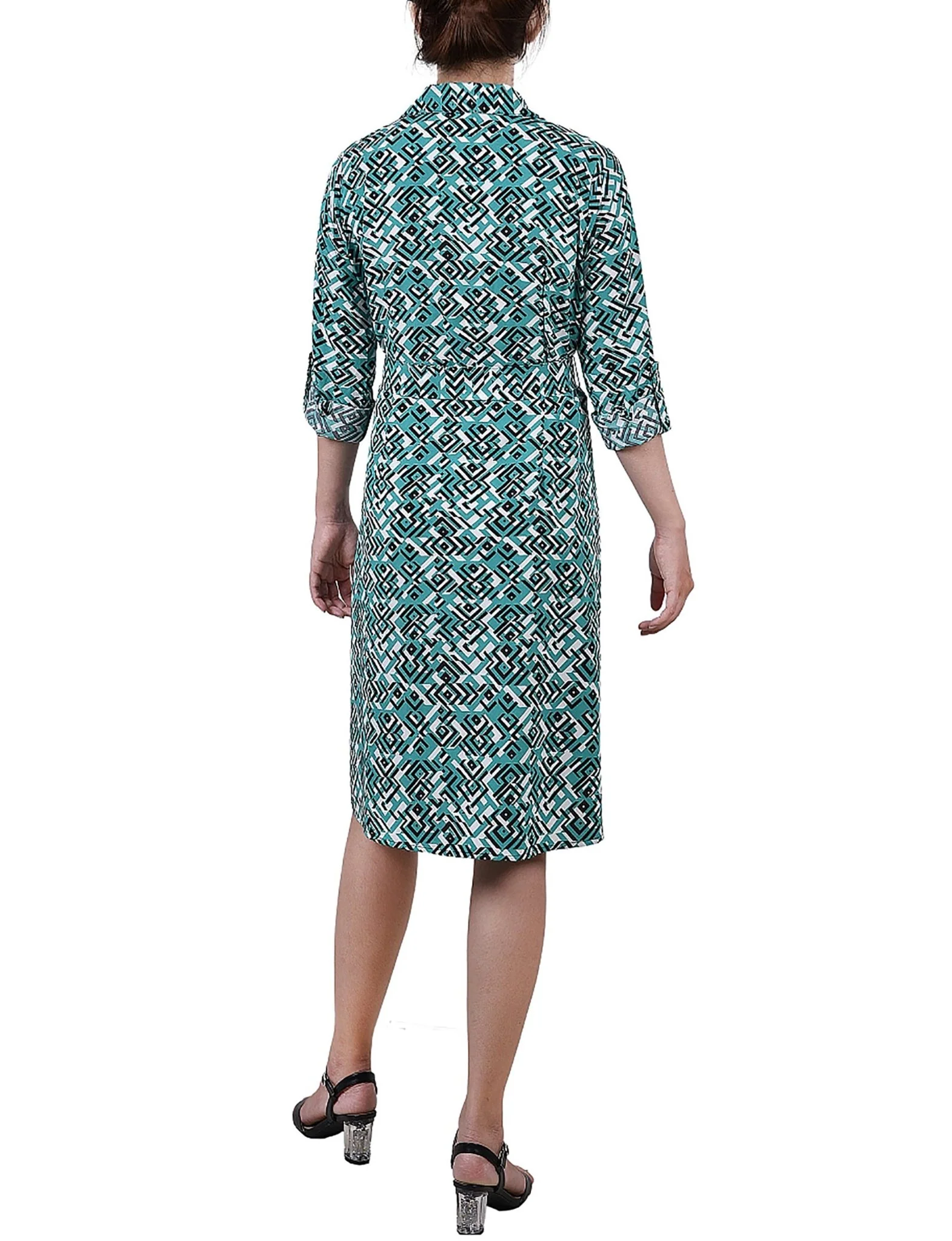 Green Diatribe 3/4 Roll Tab Sleeve Belted Shirtdress - Petite - Image 3