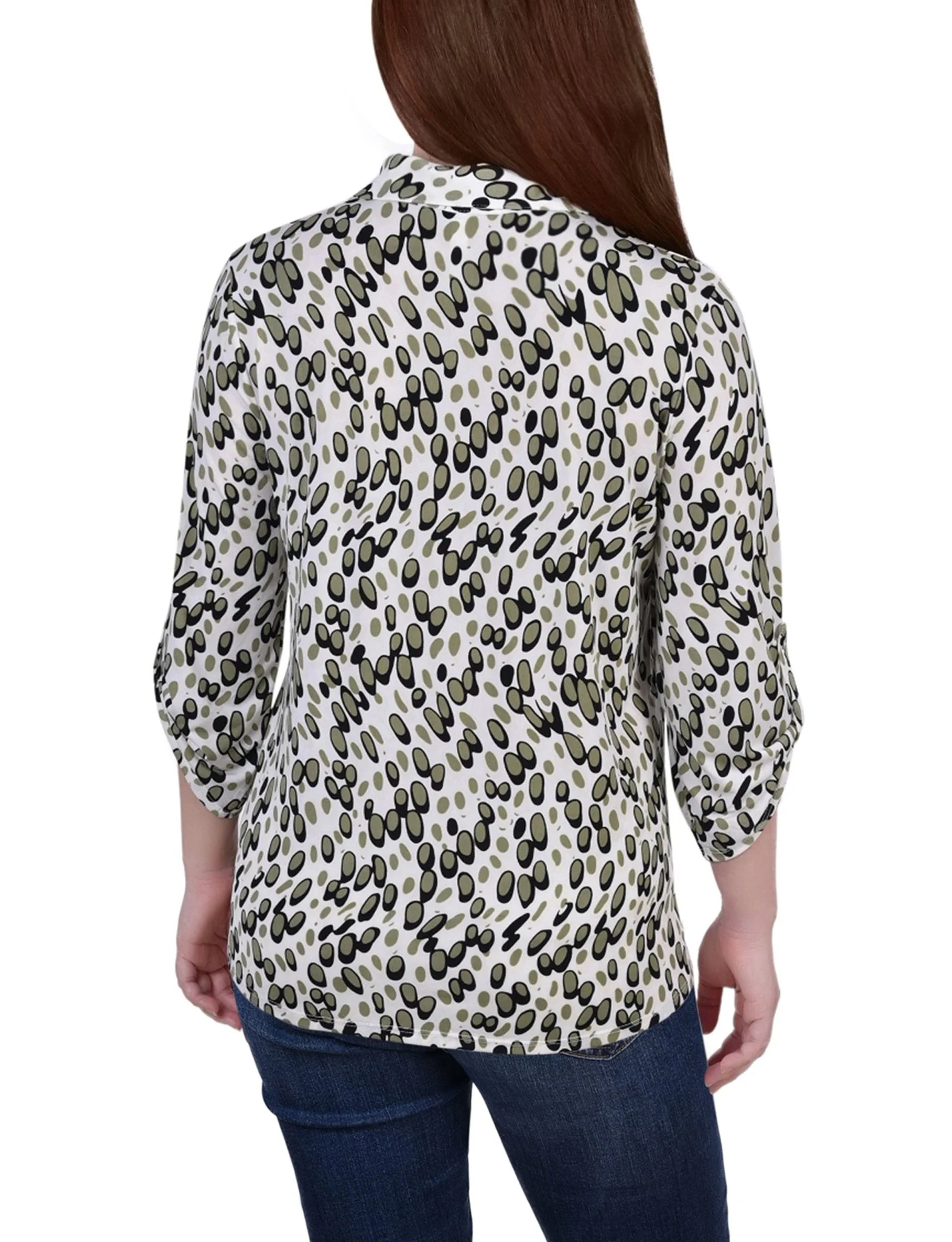 Grey Abstract Dots 3/4 Roll Tab Sleeve Studded Y Neck Top - Petite - Image 4