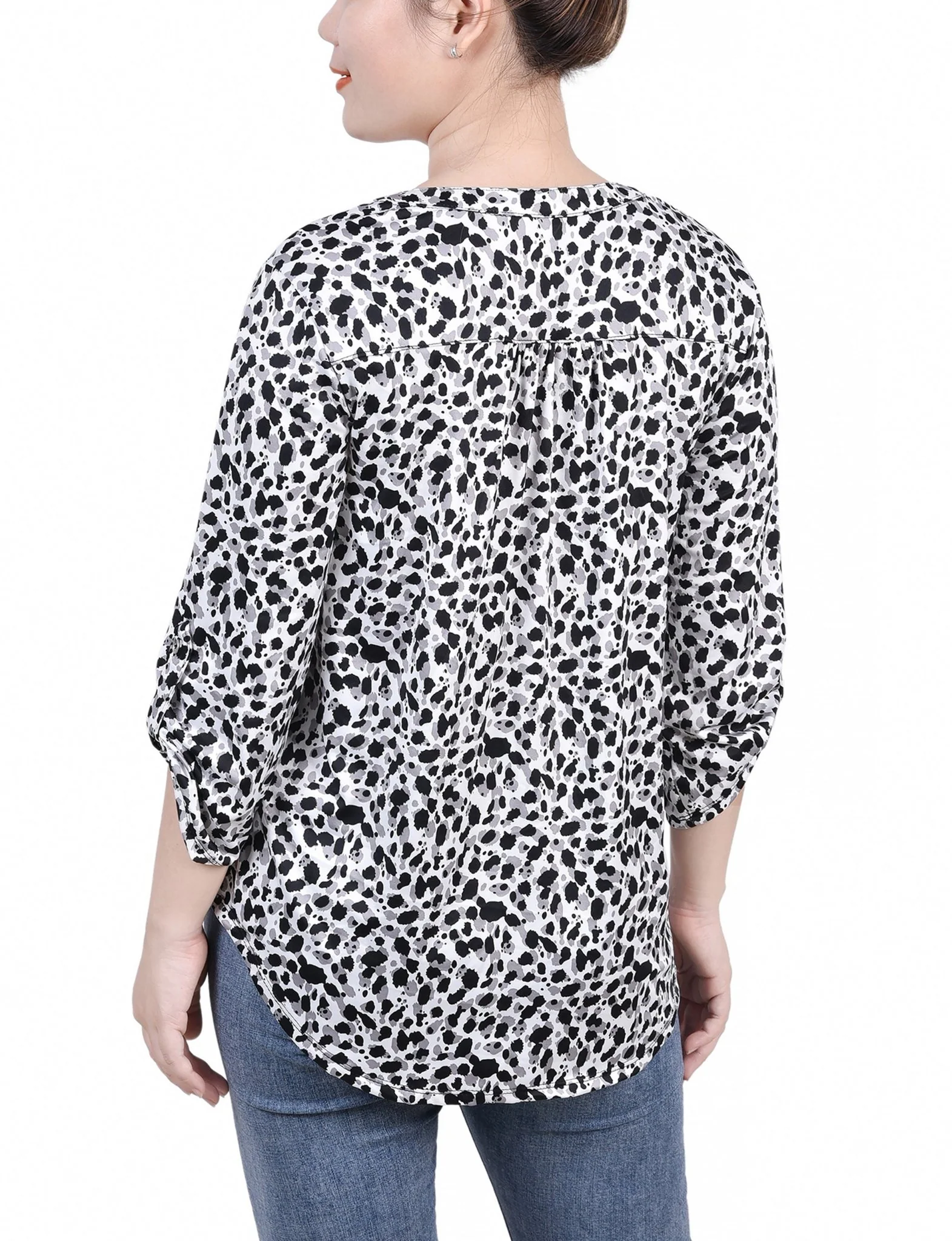 Grey Black Animal 3/4 Roll Tab Sleeve Y Neck Top - Petite - Image 4