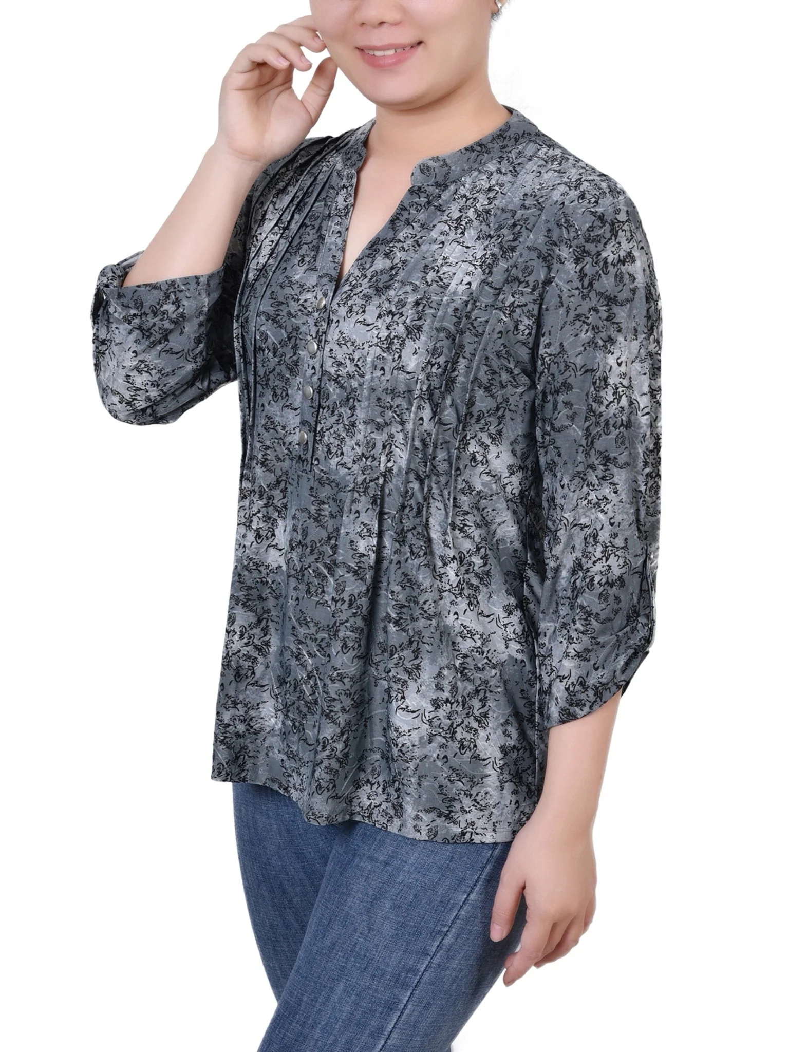 Grey Floral 3/4 Sleeve Roll Tab Y Neck Top - Petite - Image 2