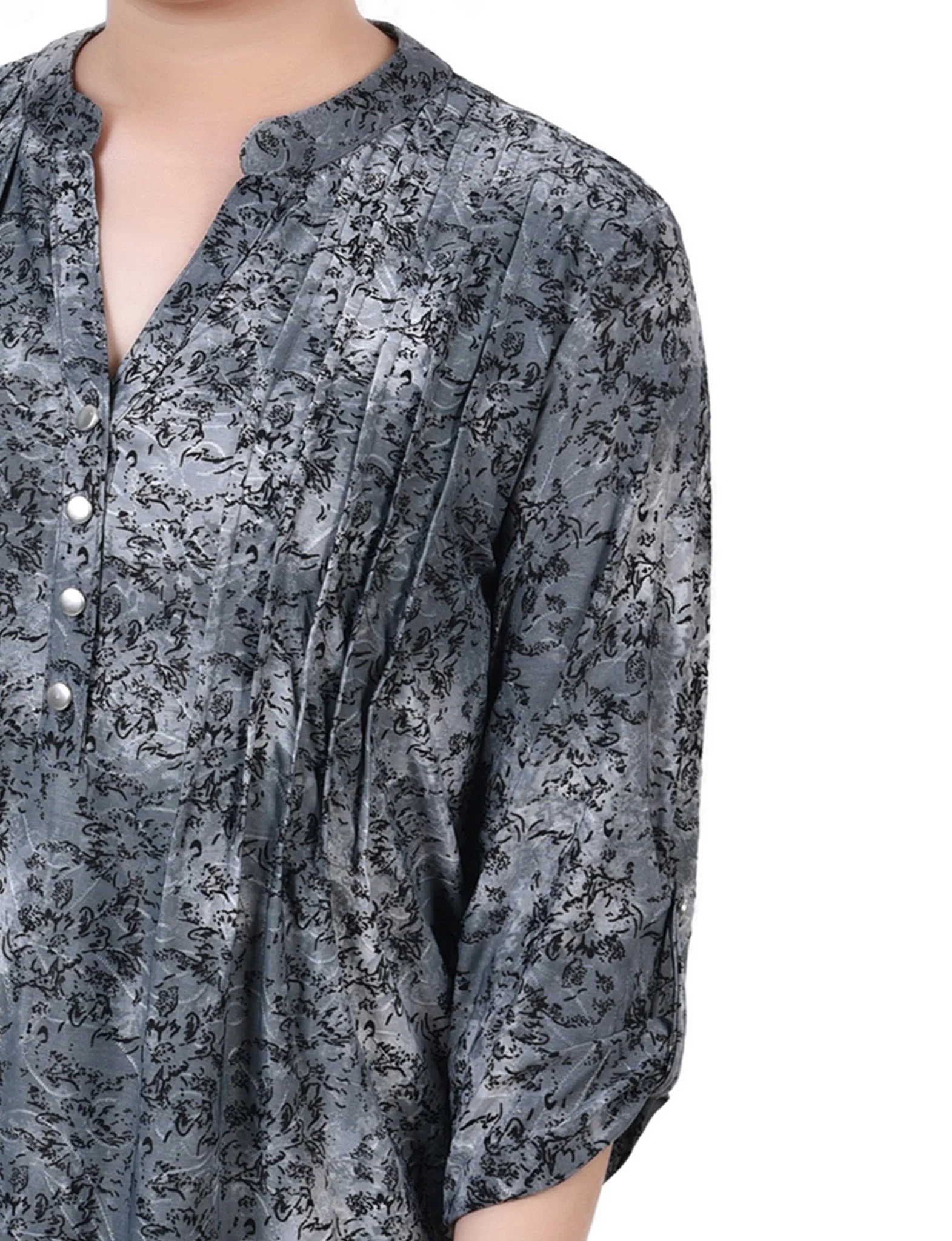 Grey Floral 3/4 Sleeve Roll Tab Y Neck Top - Petite - Image 3