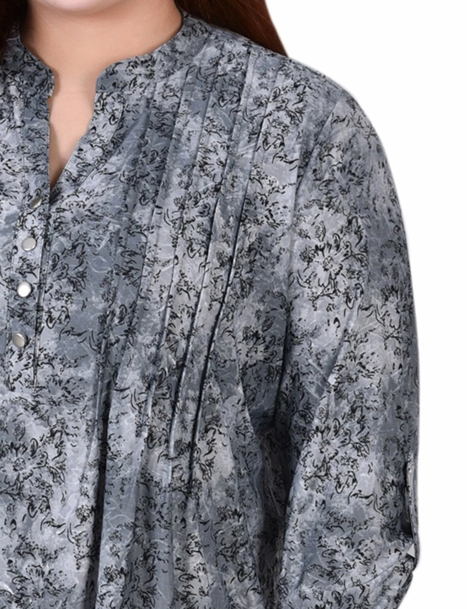 Grey Floral 3/4 Sleeve Roll Tab Y Neck Top - Plus - Image 3