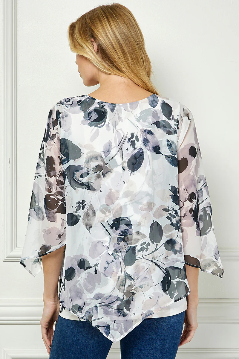 Hanky Hem Poncho V-Neck Blouse with Necklace - Gray - Image 2