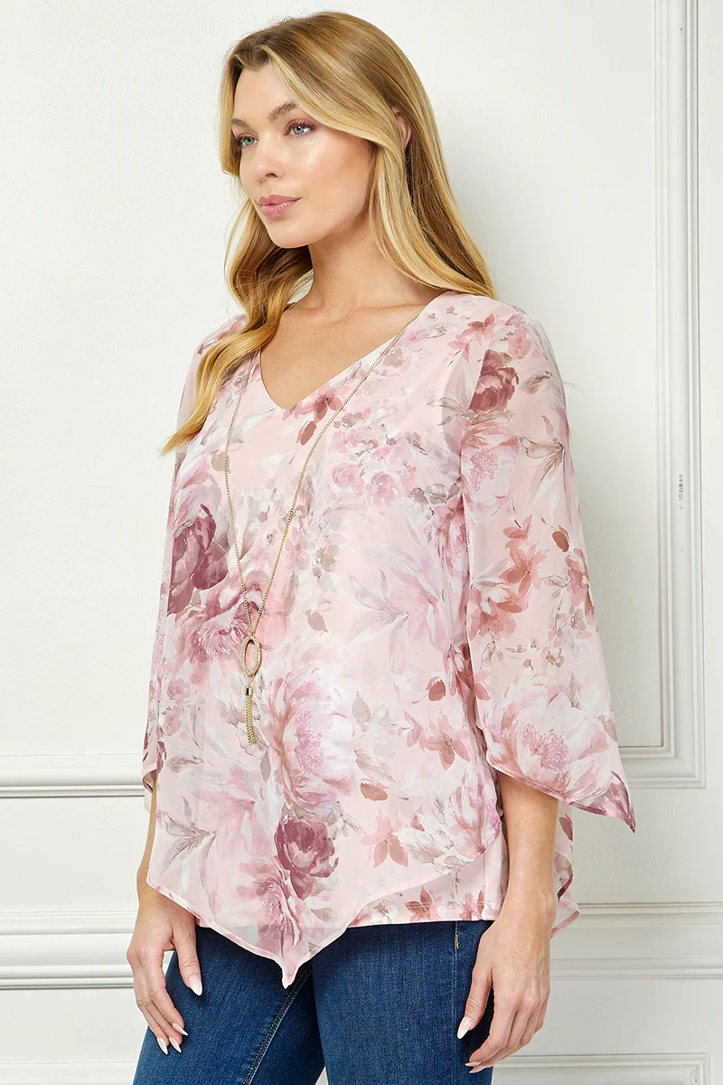 Hanky Hem Poncho V-Neck Blouse with Necklace - Pink - Image 3