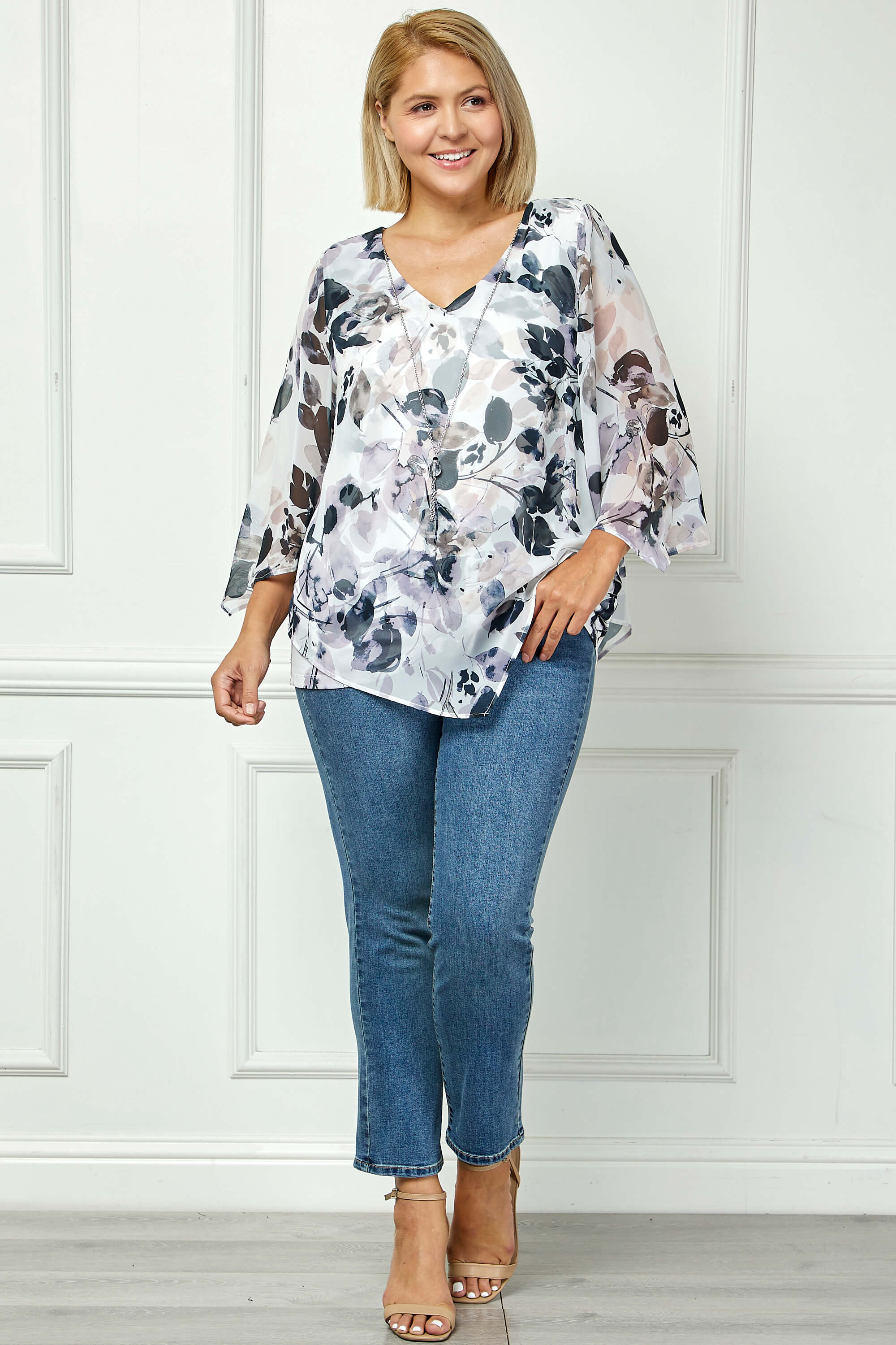 Hanky Hem Poncho V-Neck Blouse with Necklace - Plus - Gray - Image 4