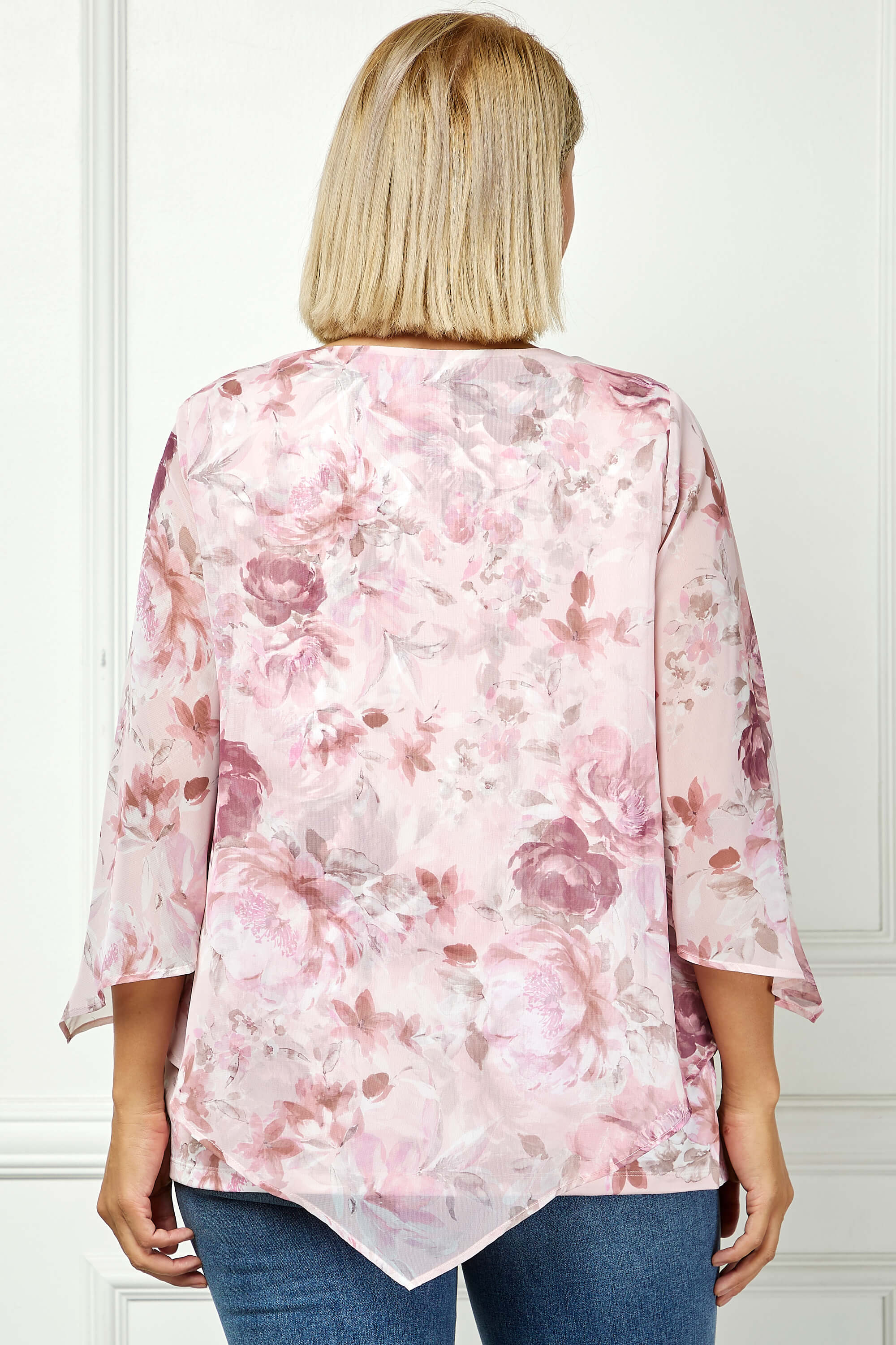 Hanky Hem Poncho V-Neck Blouse with Necklace - Plus - Pink - Image 2