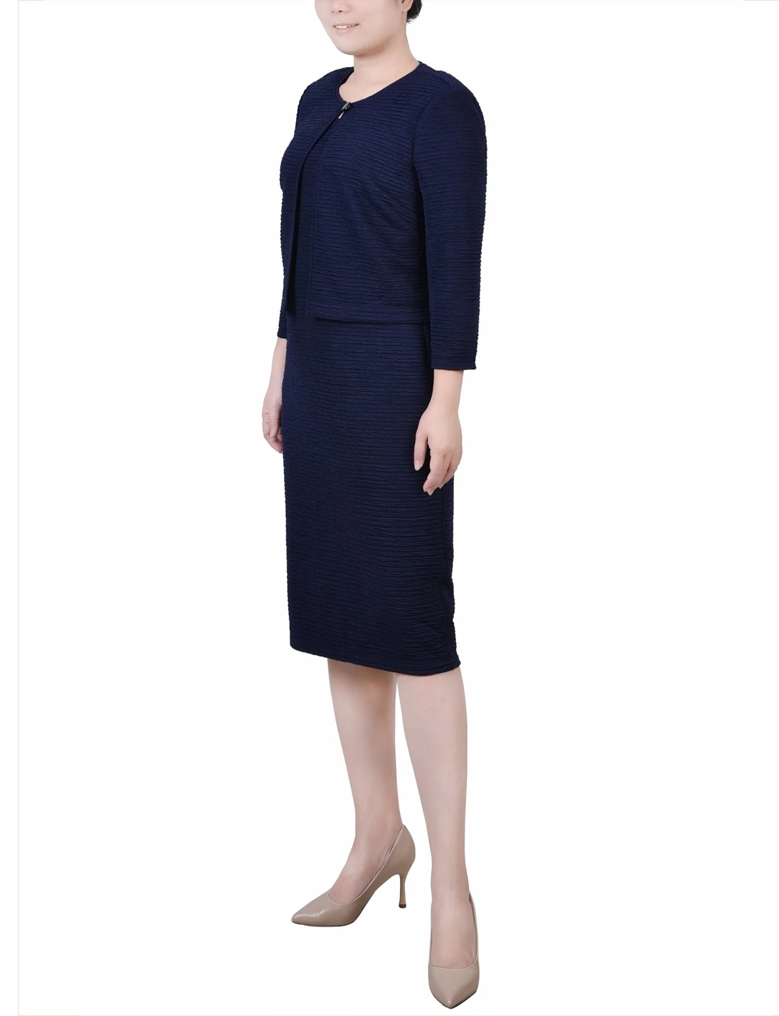 Harbor Navy Textured 3/4 Sleeve 2 Piece Dress Set - Petite - Image 2