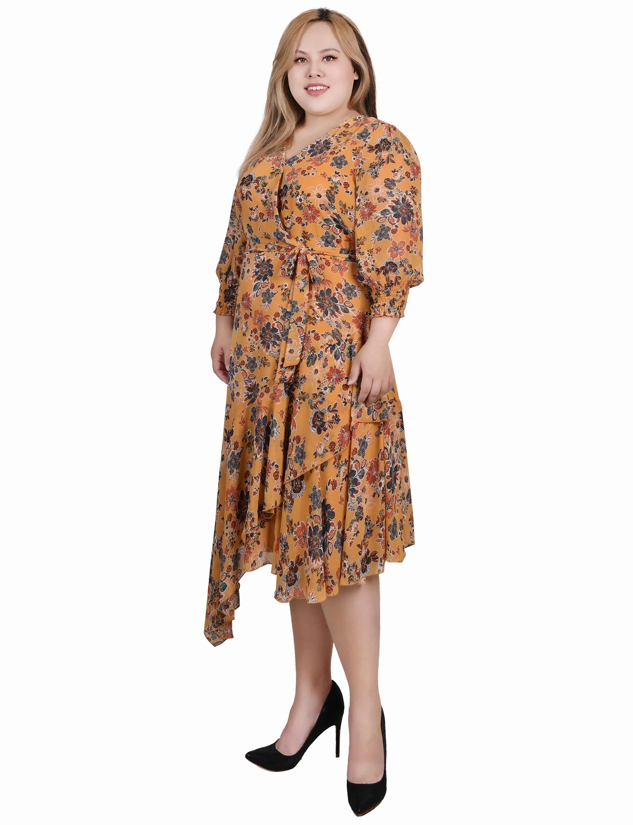 Honey Wallflower 3/4 Sleeve Belted Chiffon Hankerchief Hem Dress - Plus - Image 2