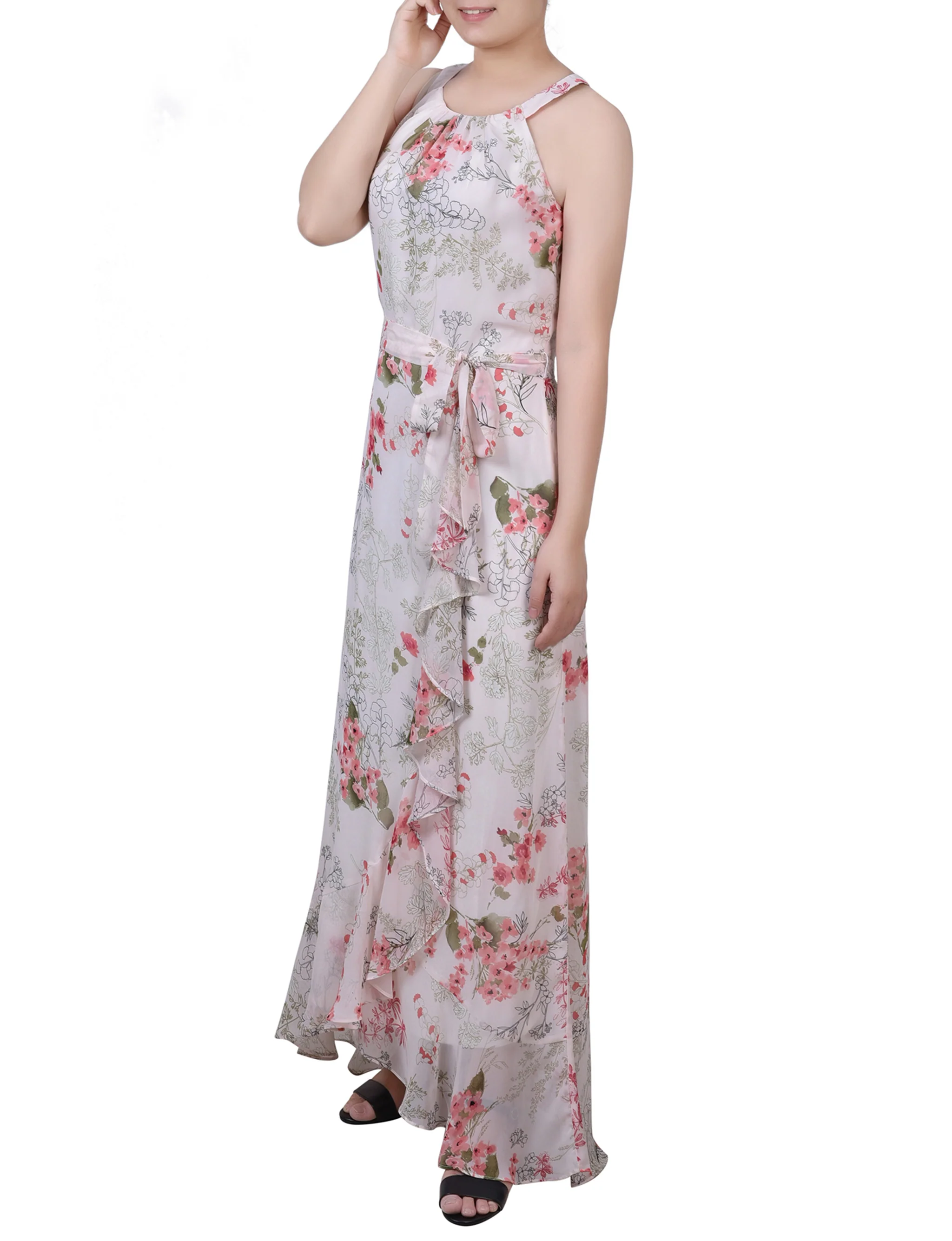 Ivory Floral Halter Front Chiffon Maxi Dress - Image 2