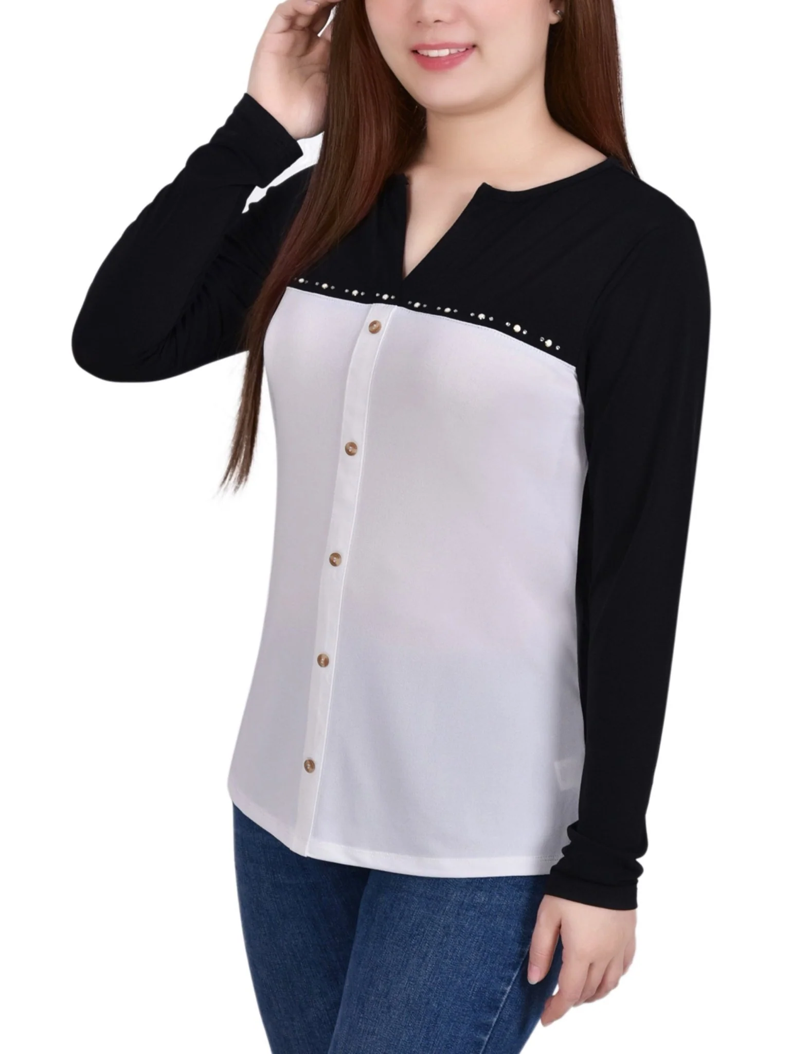 Ivory Long Sleeve Studded Colorblocked Split Neck Top - Petite - Image 2