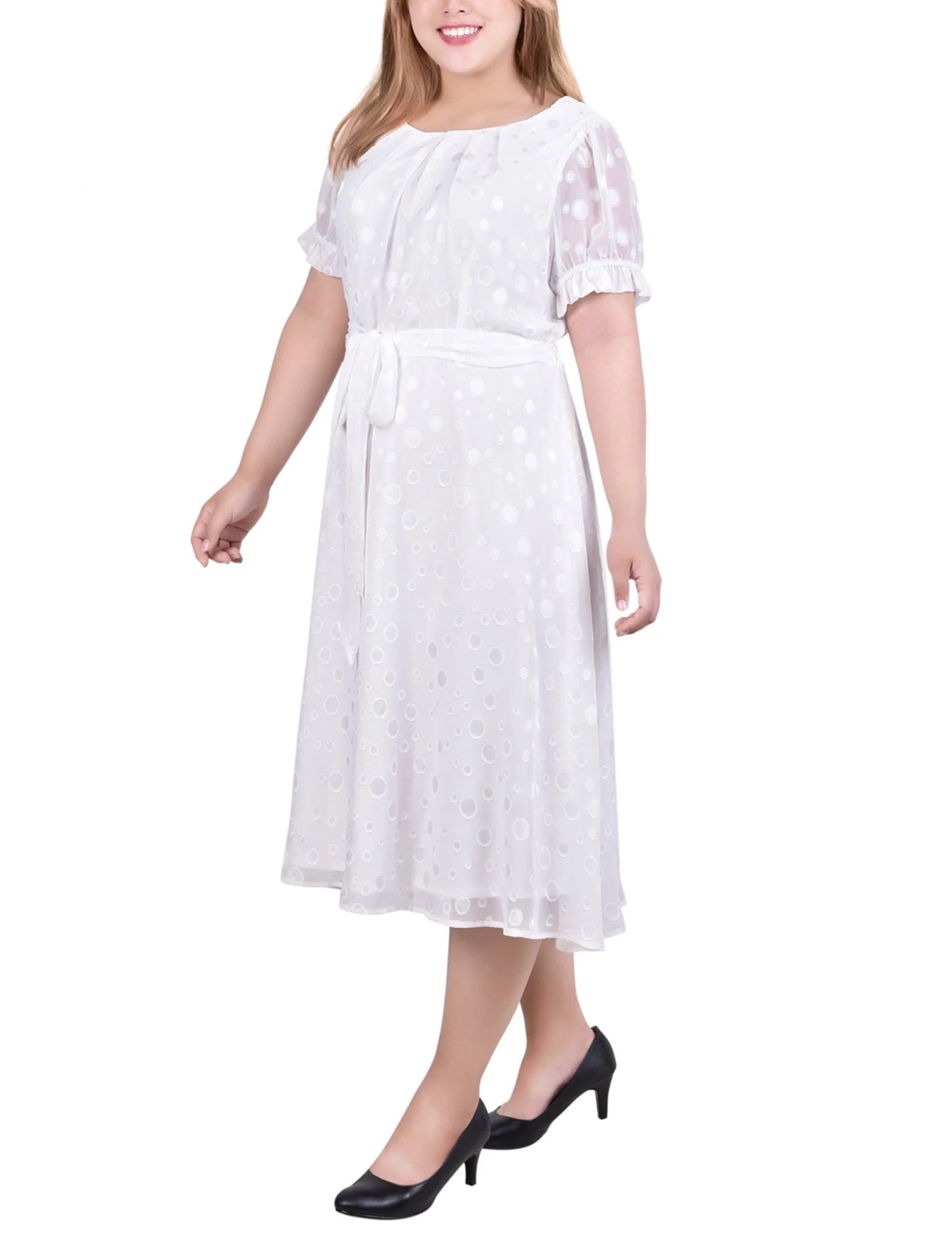 Ivory Multi Circle Short Sleeve Belted Swiss Dot Dress - Plus - Image 2
