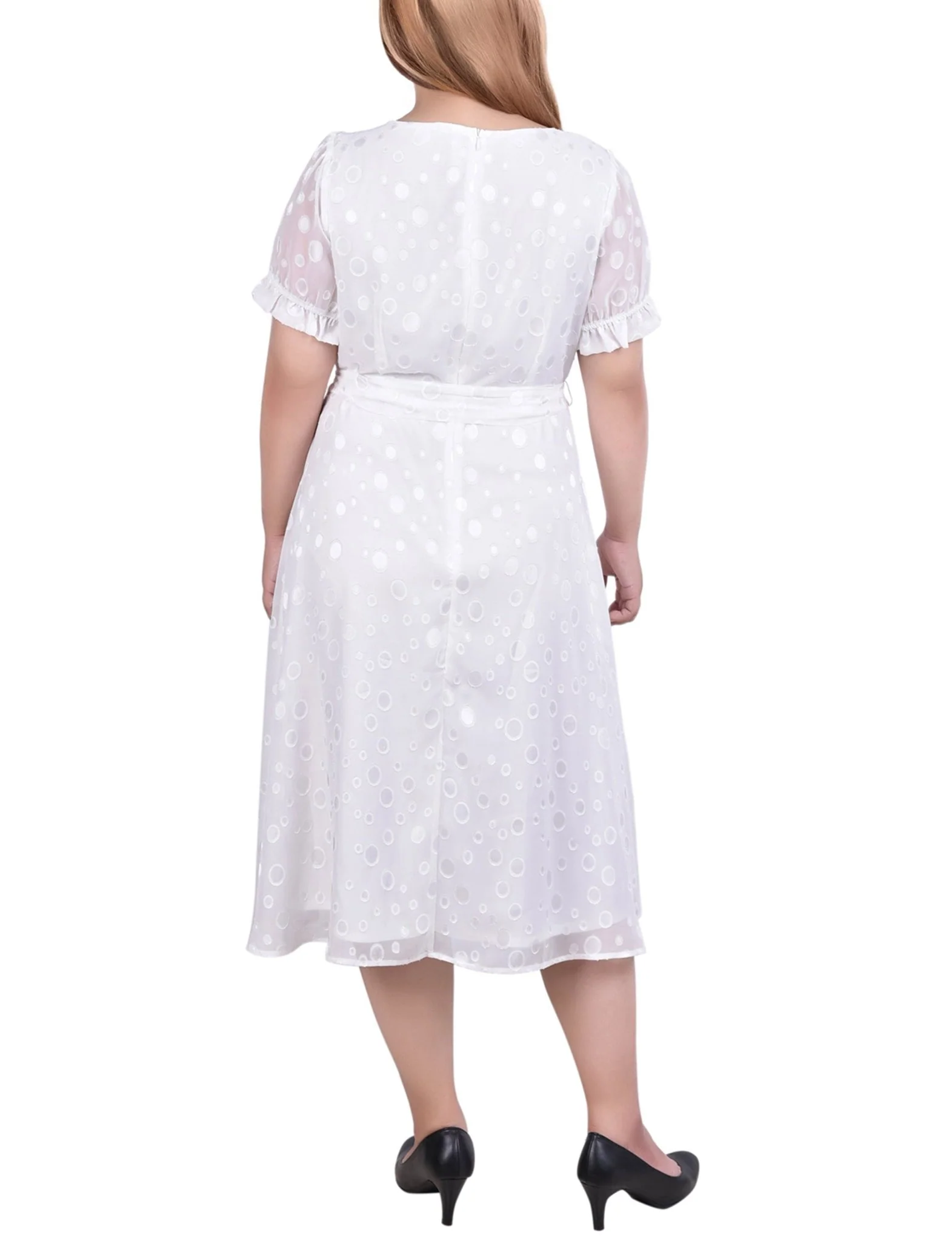 Ivory Multi Circle Short Sleeve Belted Swiss Dot Dress - Plus - Image 3