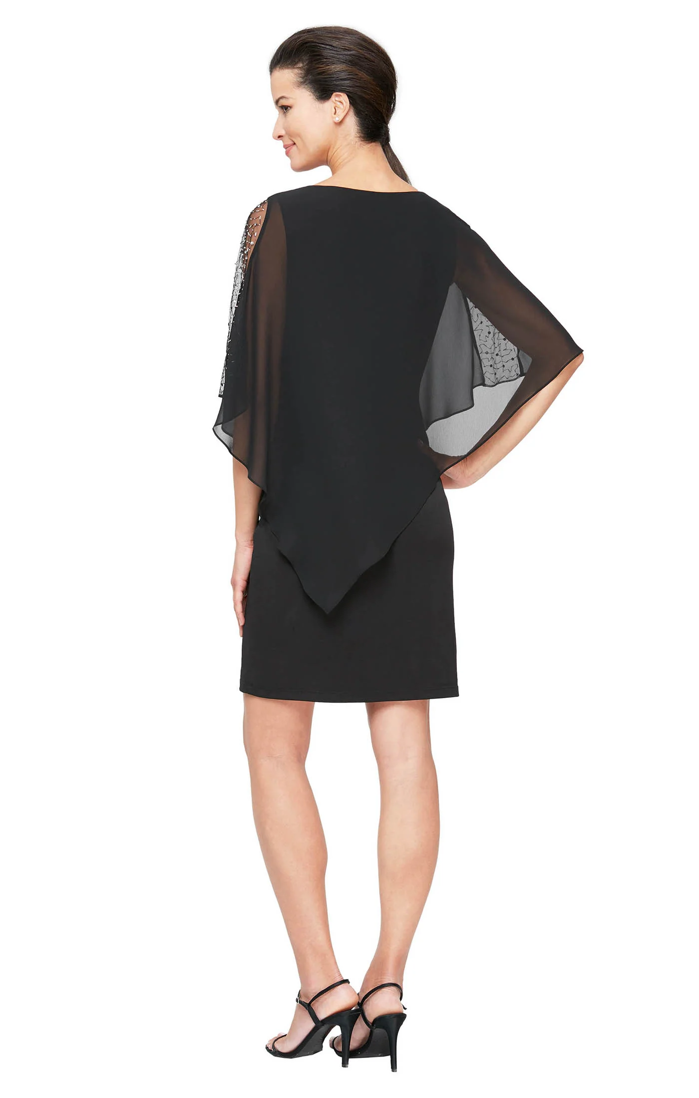 Jersey Sheath Dress with Asymmetric Chiffon Capelet - Black - Image 2