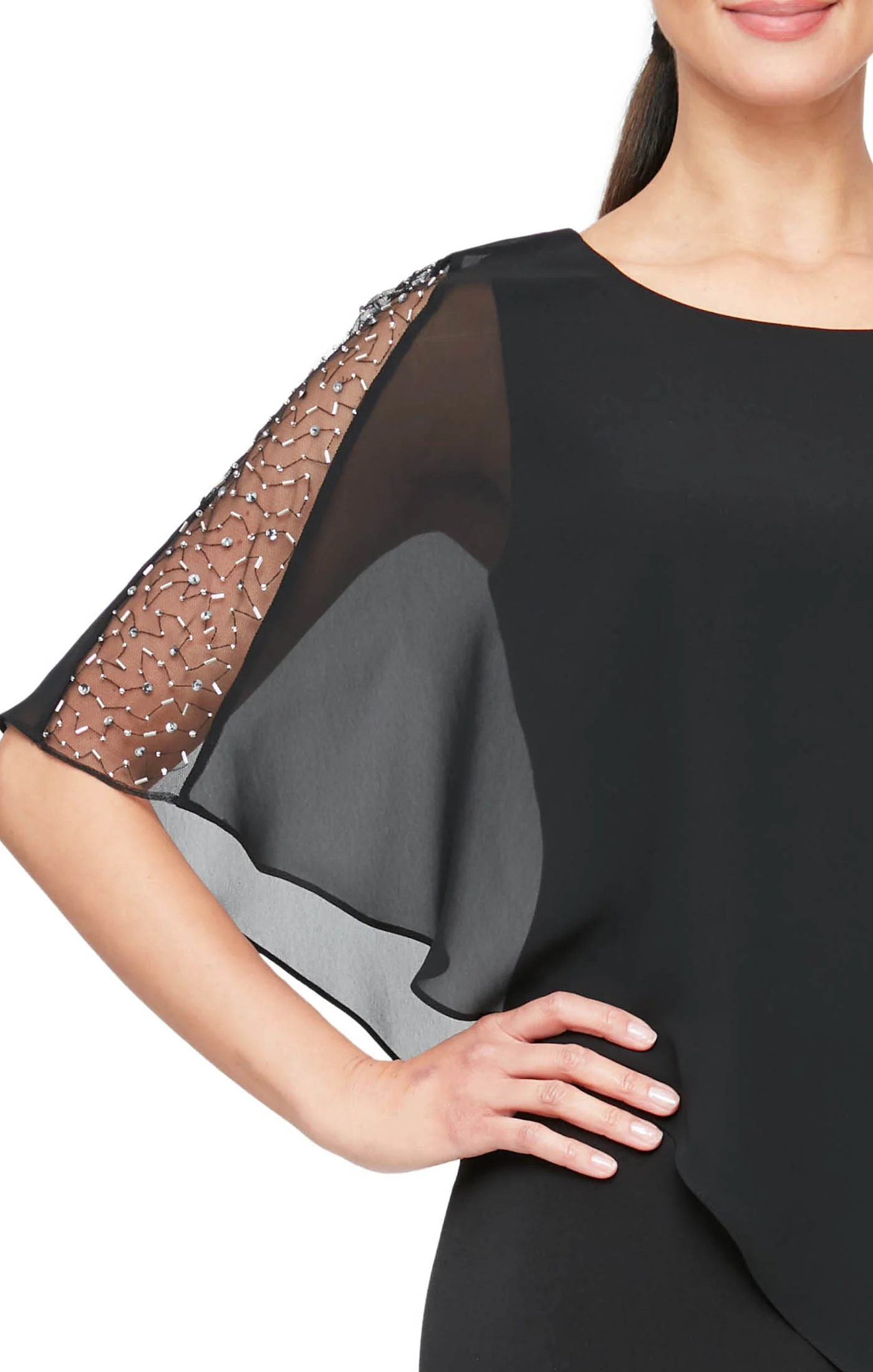 Jersey Sheath Dress with Asymmetric Chiffon Capelet - Black - Image 3