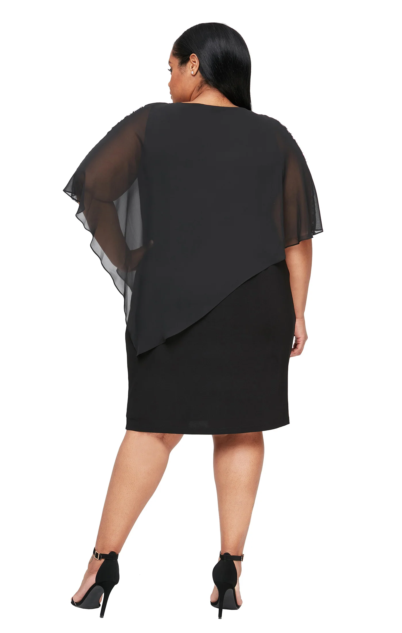 Jersey Sheath Dress with Asymmetric Chiffon Capelet  - Black - Plus - Image 2