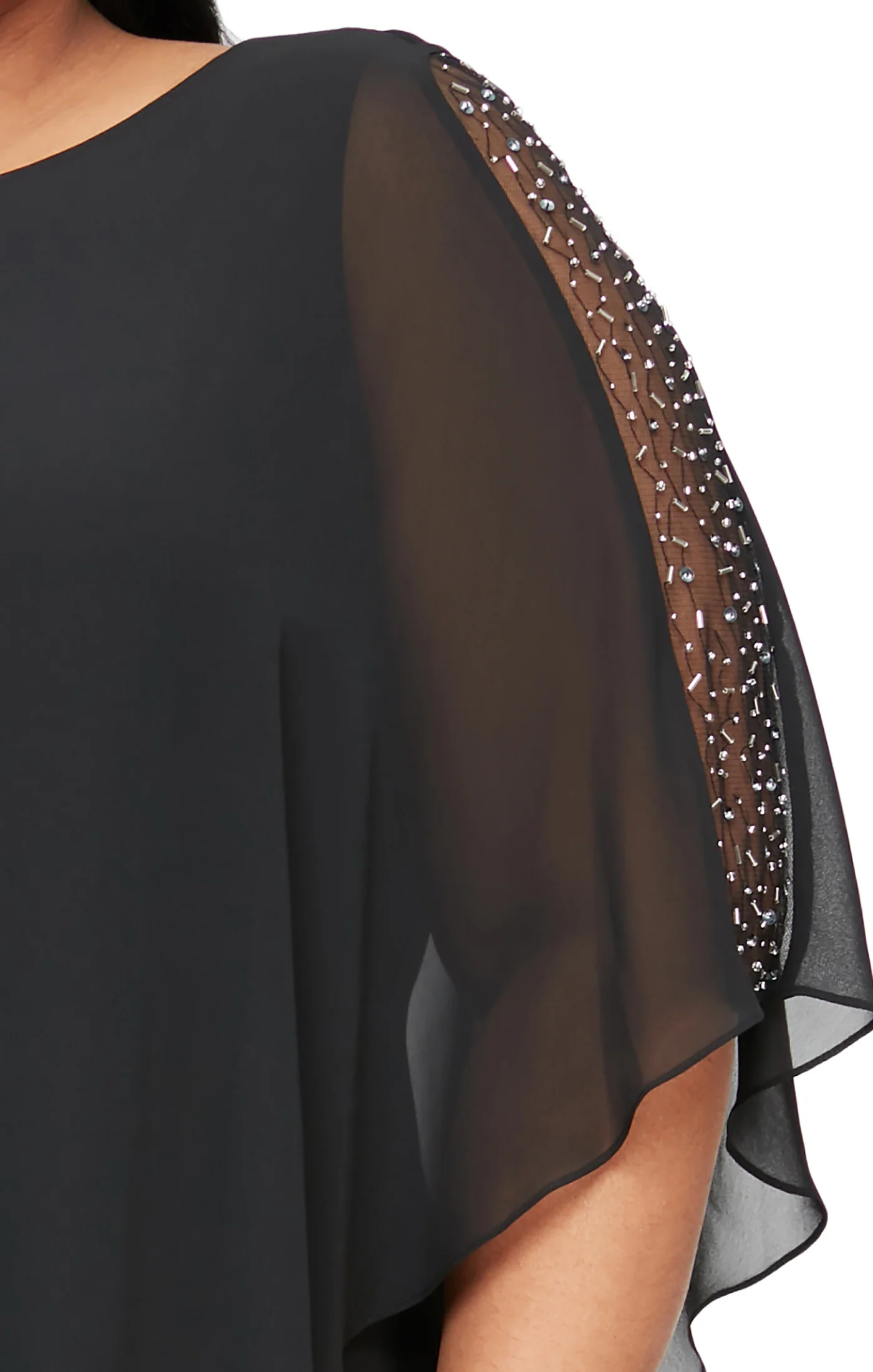Jersey Sheath Dress with Asymmetric Chiffon Capelet  - Black - Plus - Image 3