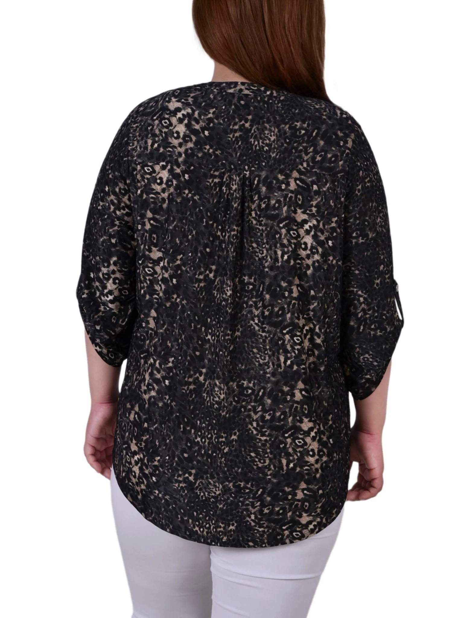 Khaki Animal 3/4 Sleeve Roll Tab Y Neck Top - Plus - Image 4