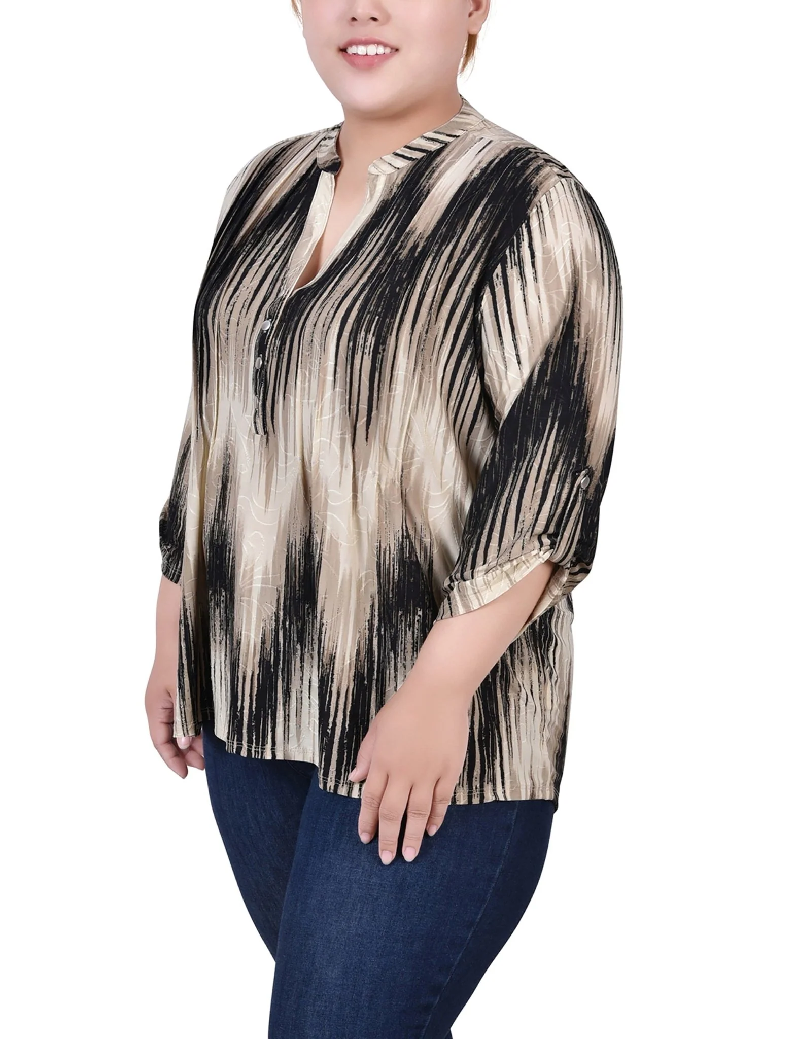 Khaki Chervon 3/4 Sleeve Roll Tab Y Neck Top - Plus - Image 2