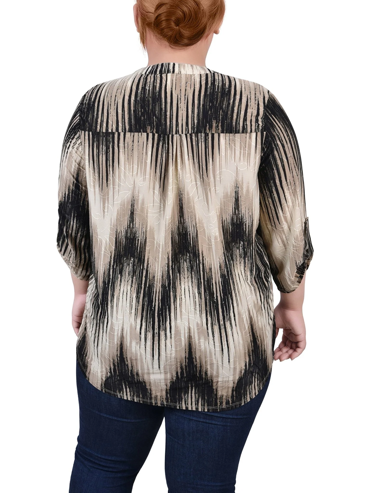 Khaki Chervon 3/4 Sleeve Roll Tab Y Neck Top - Plus - Image 4
