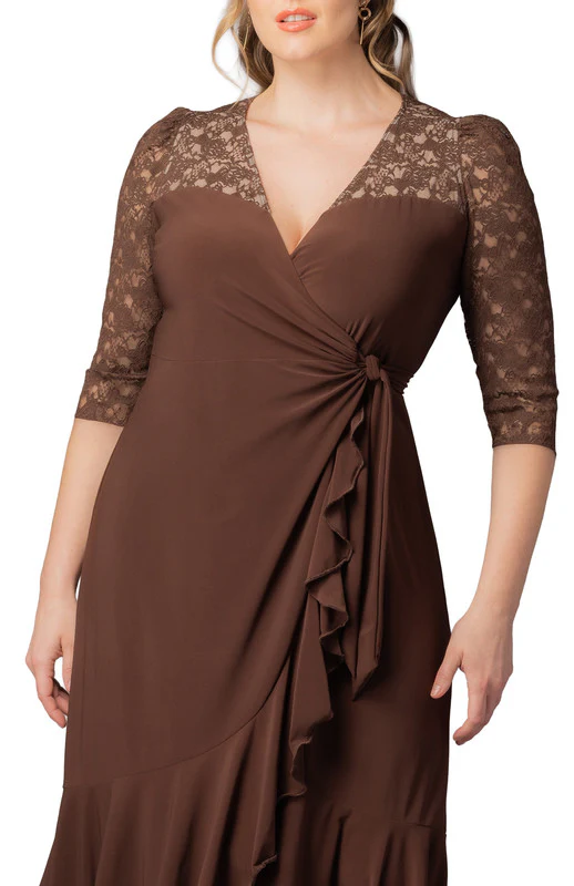 Lavish Lace Wrap Dress  -Chocolate -  Plus - Image 3