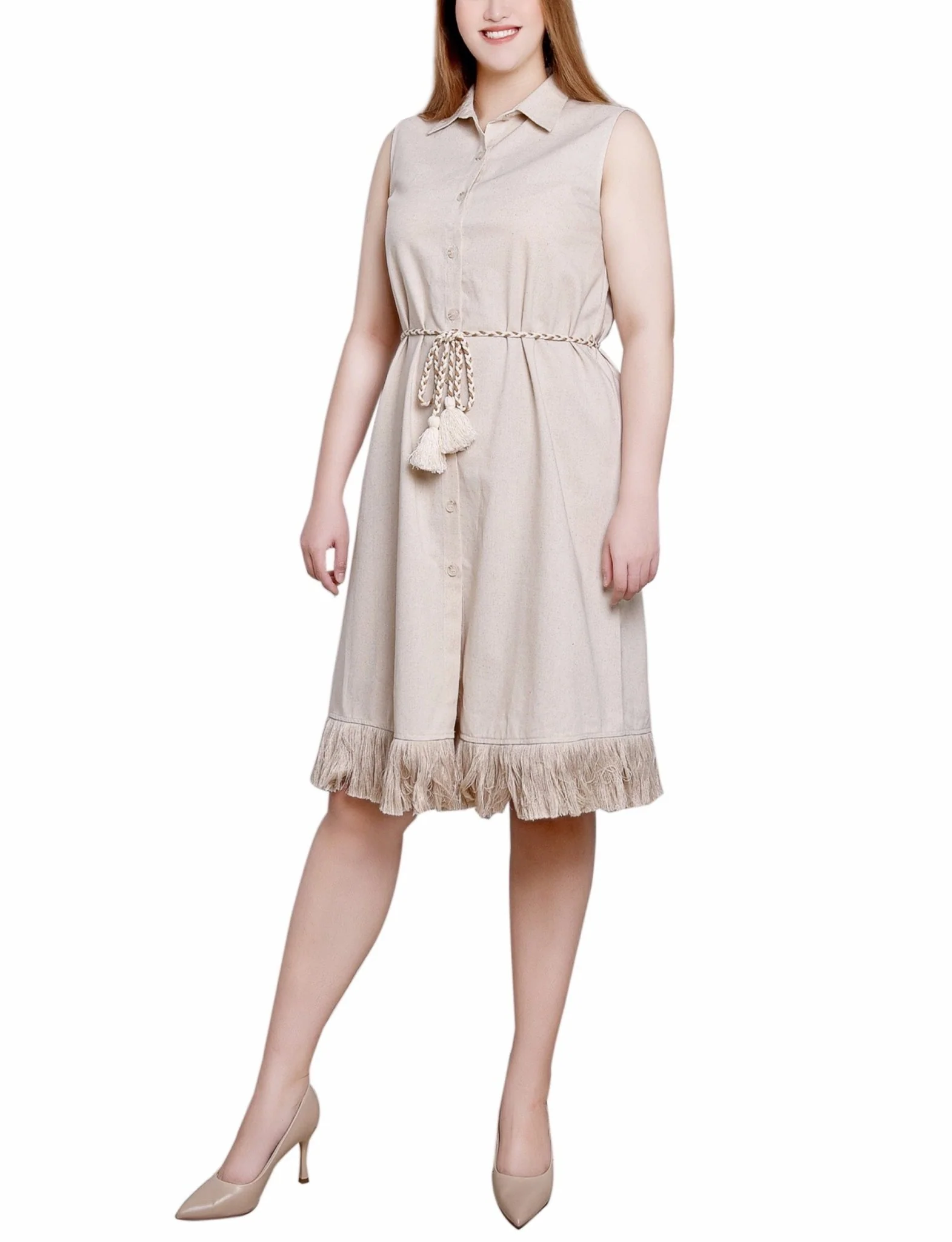 Light Tan Sleeveless Belted Fringed Dress - Image 2