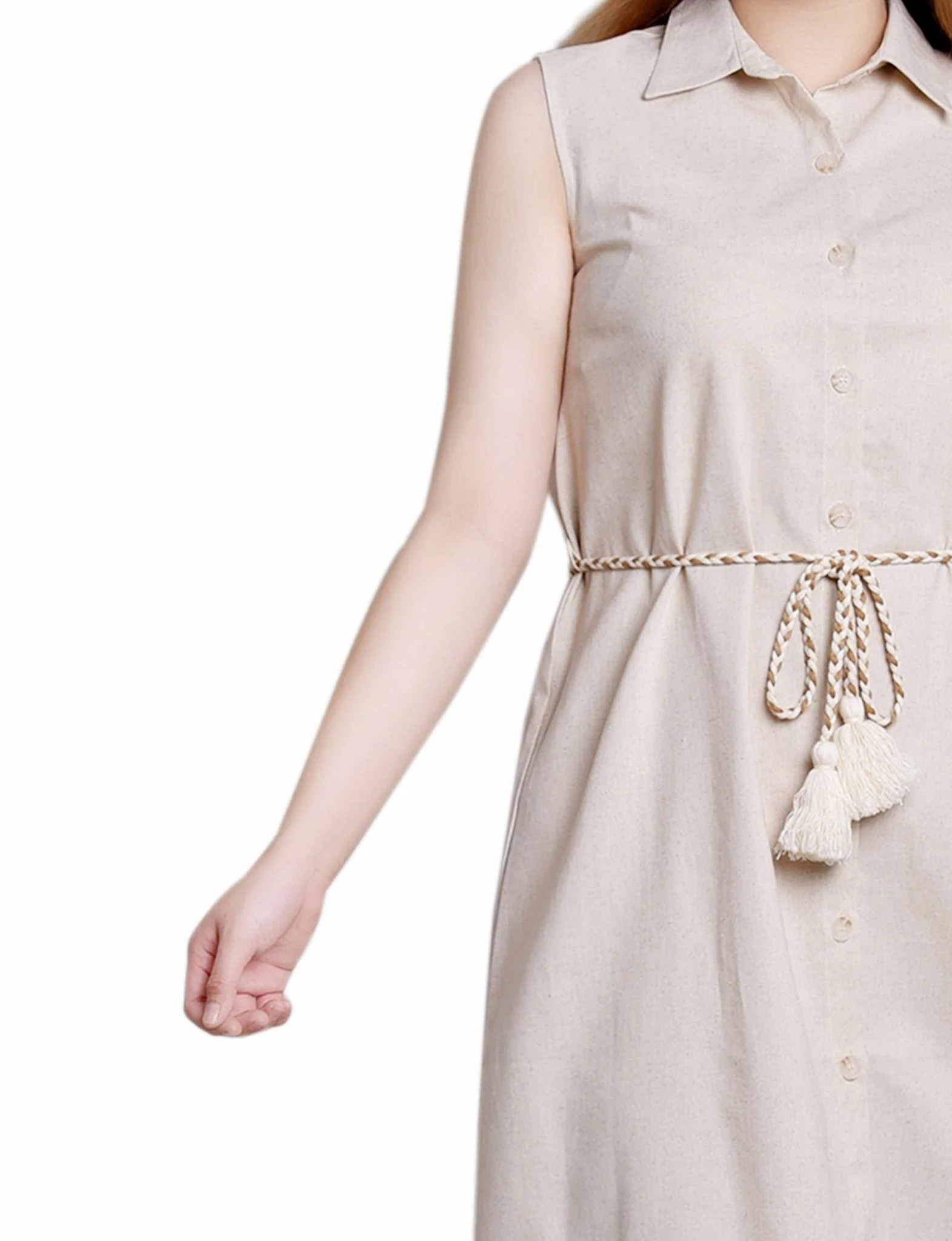 Light Tan Sleeveless Belted Fringed Dress - Image 4