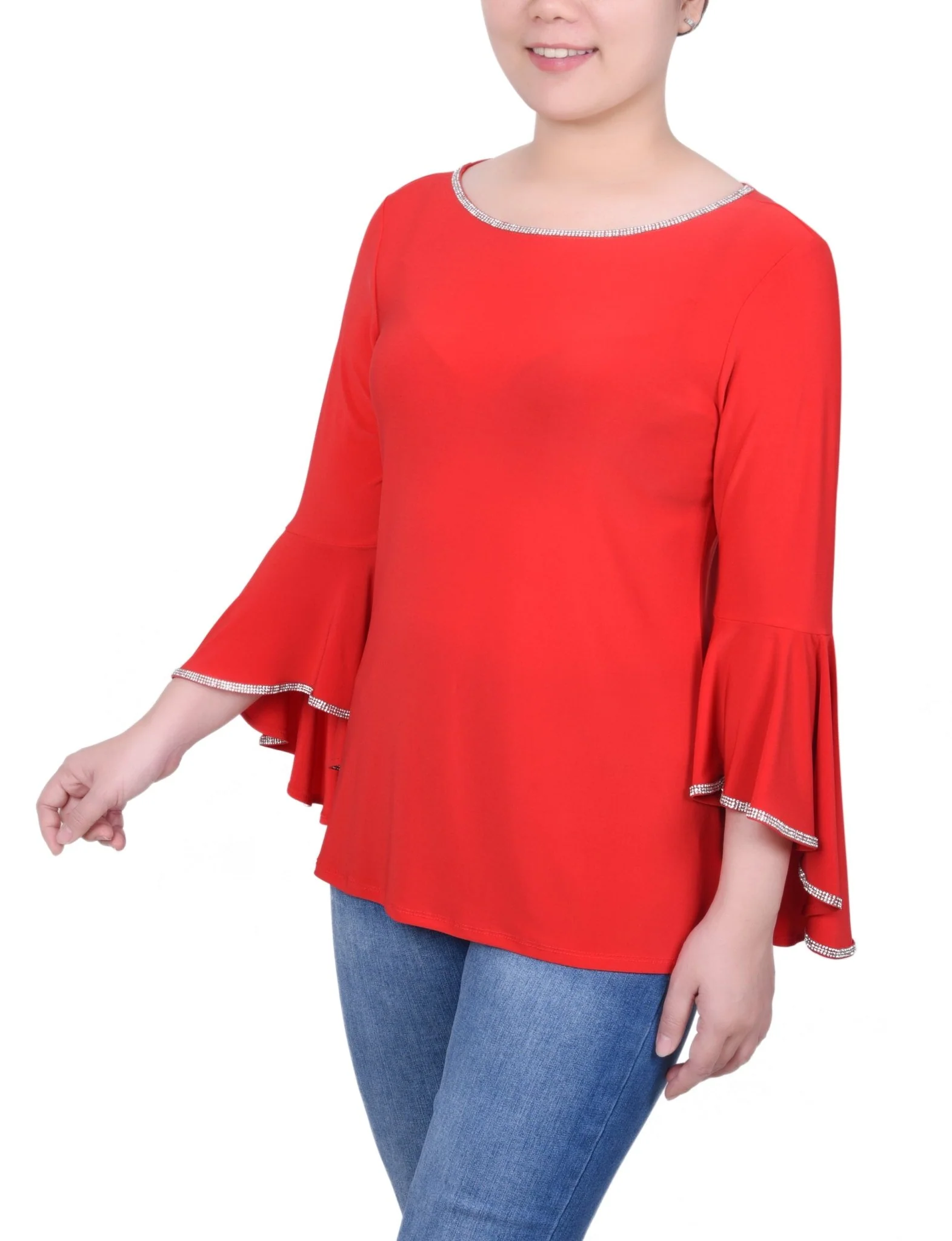 Long Bell Sleeve Tunic Top With Stone Details - Petite - Image 2