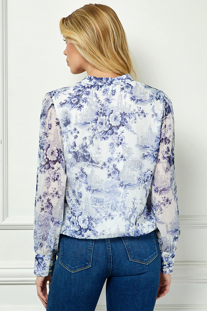 Long Cuff Sleeve V-Neck Button Front Tie Blouse in Blue - Image 4