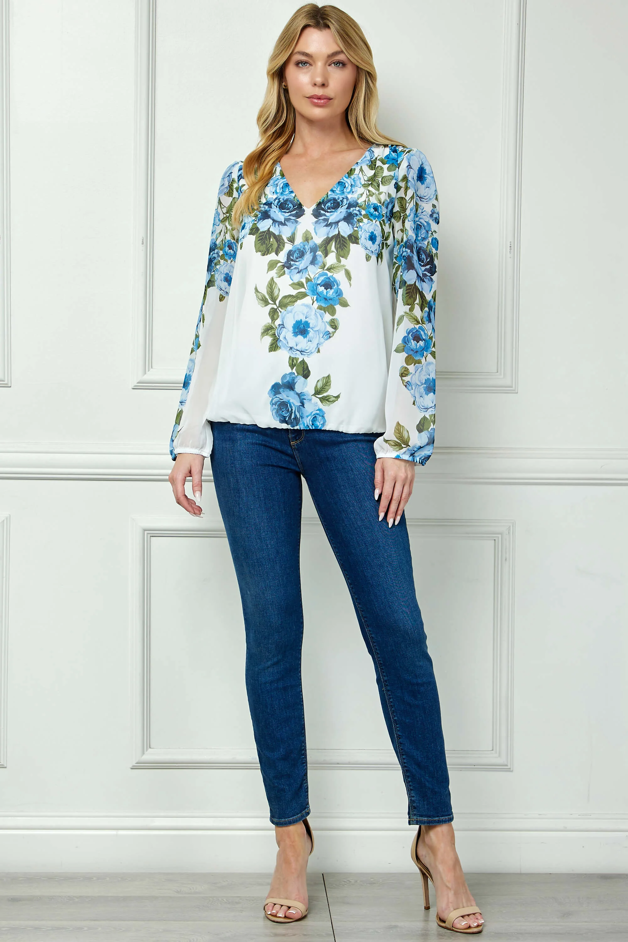 Long Elastic Cuff Sleeve V-Neck Placement Print Bubble Blouse - Image 4