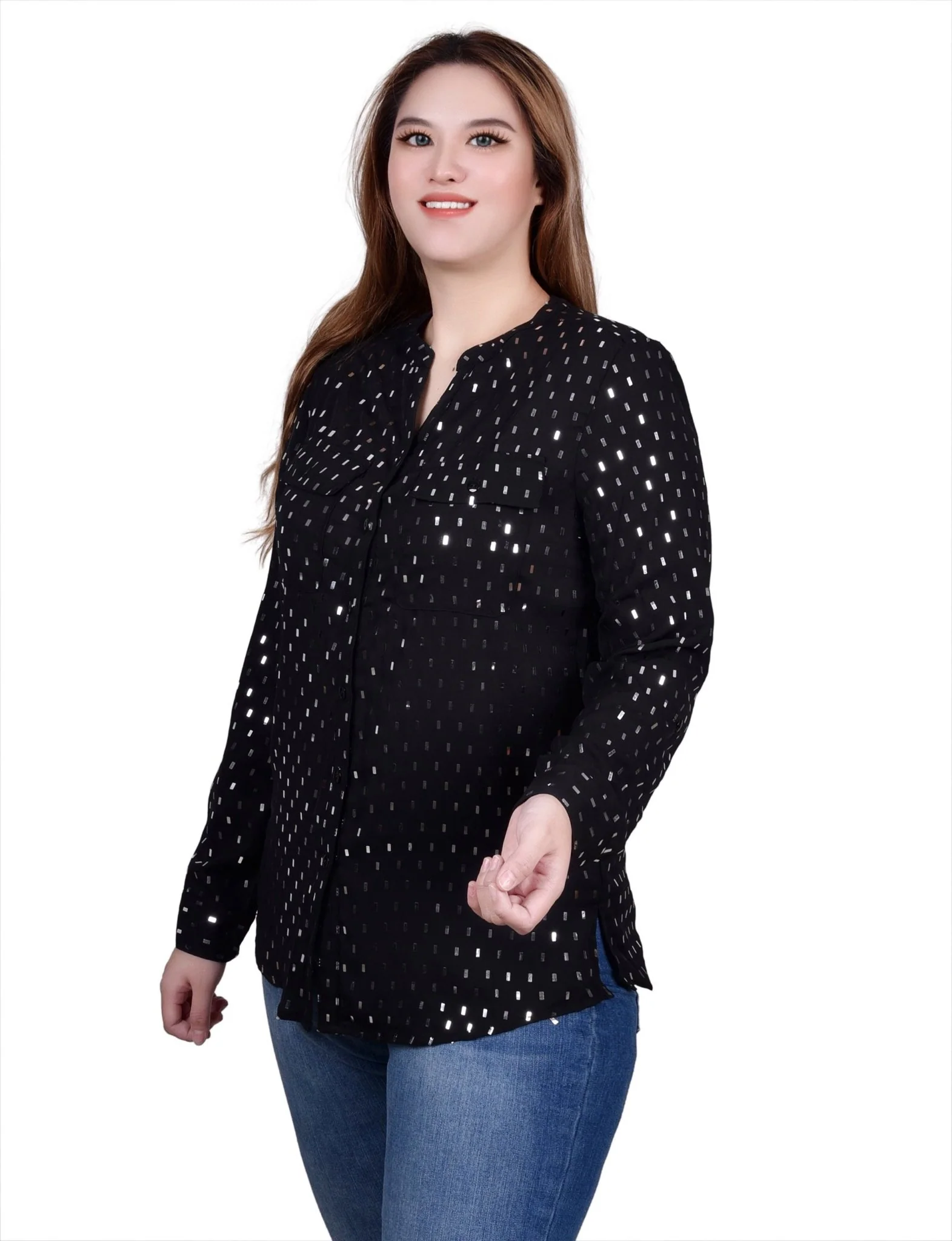 Long Roll Tab Sleeve Foil Dot Blouse - Image 2