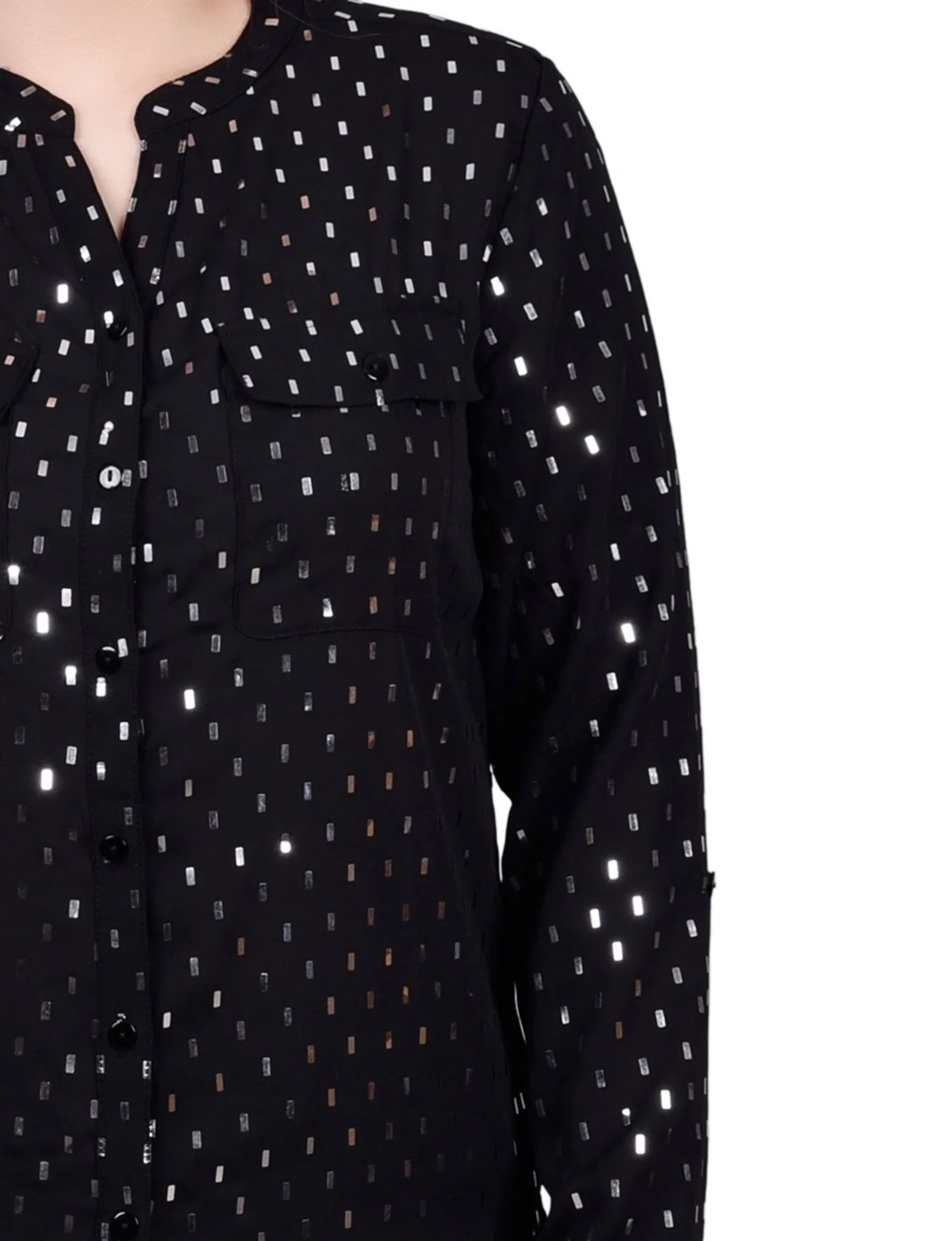 Long Roll Tab Sleeve Foil Dot Blouse - Image 3