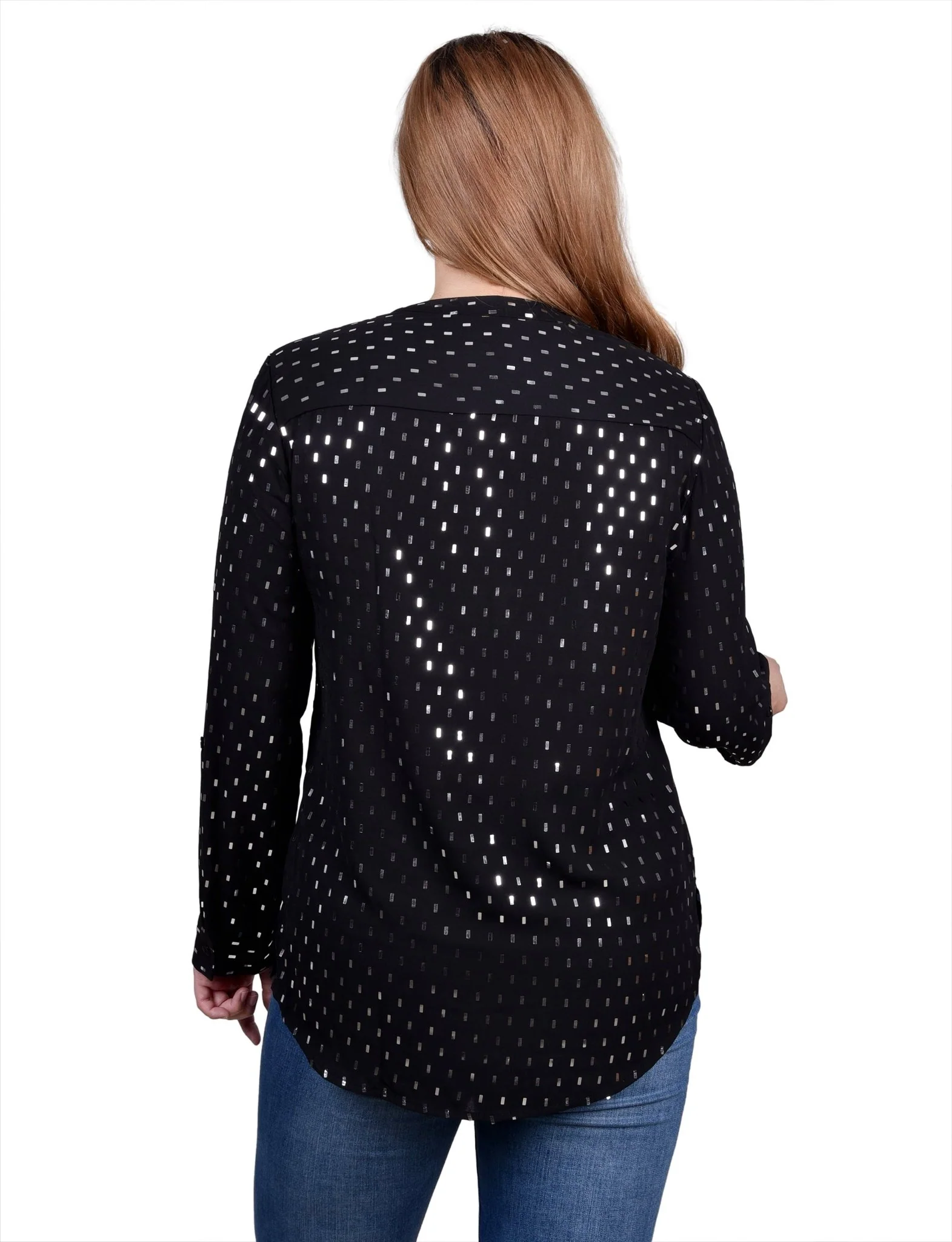 Long Roll Tab Sleeve Foil Dot Blouse - Image 4