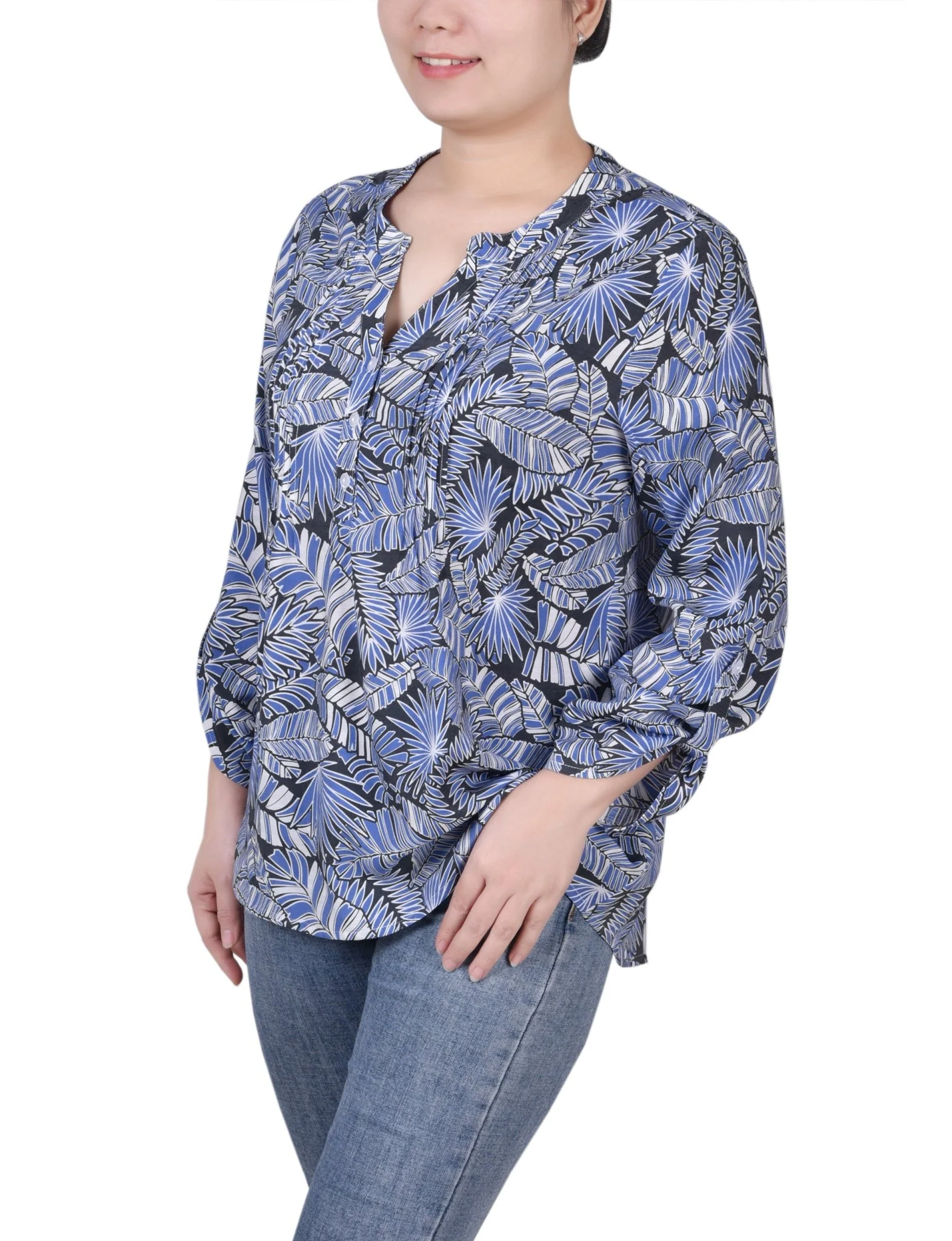 Long Roll Tab Sleeve Pintuck Front Blouse - Petite - Image 11