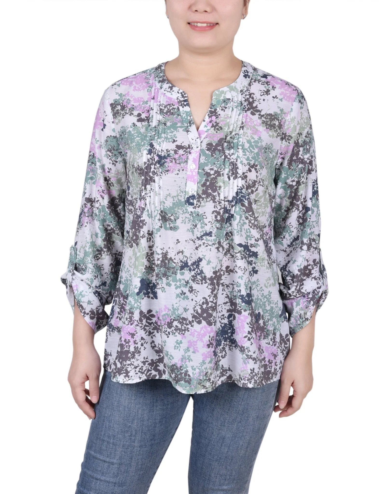 Long Roll Tab Sleeve Pintuck Front Blouse - Petite - Image 13