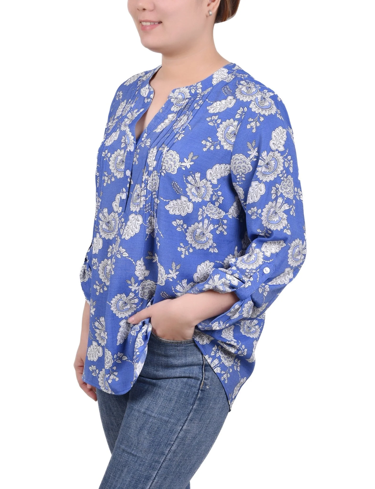 Long Roll Tab Sleeve Pintuck Front Blouse - Petite - Image 2