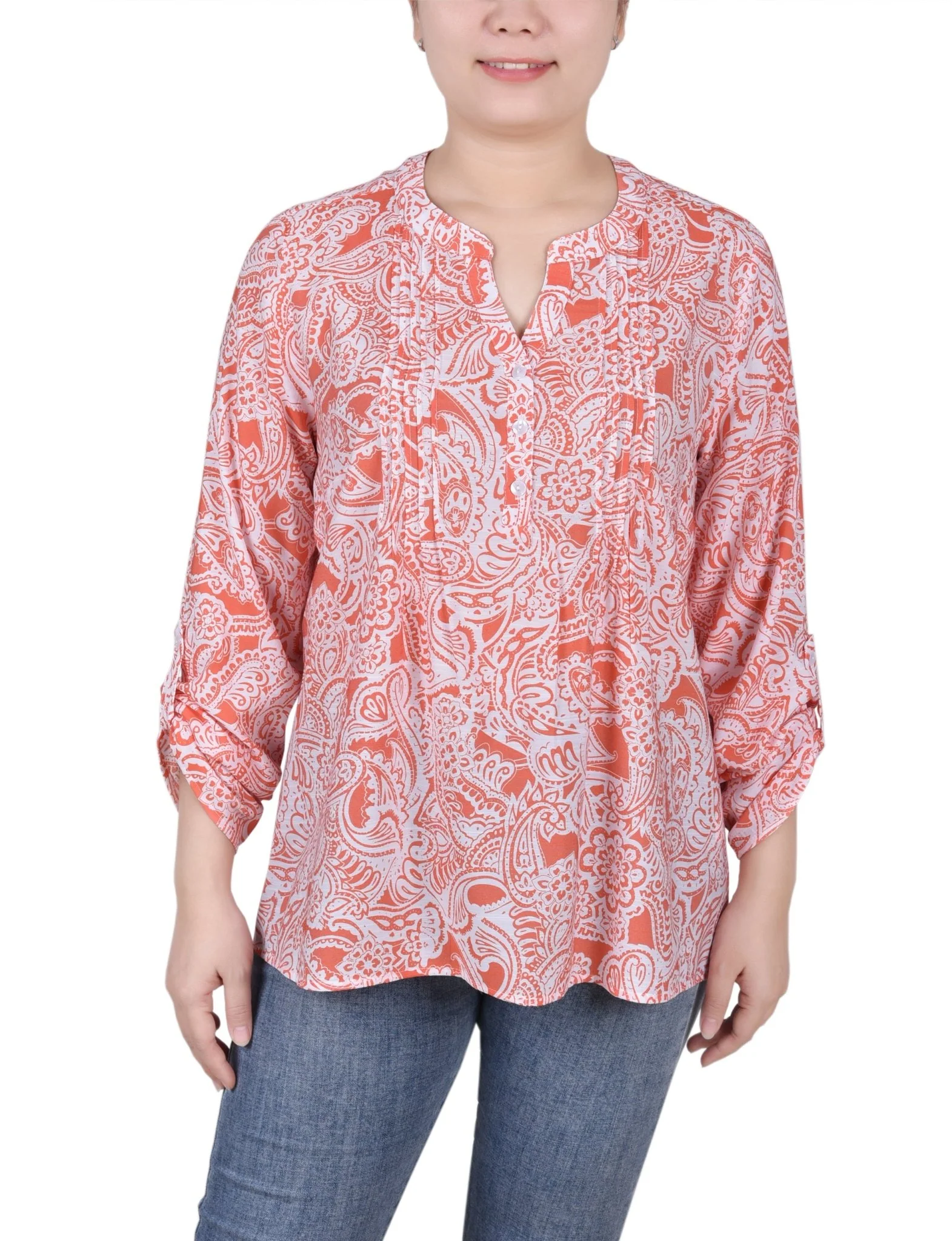 Long Roll Tab Sleeve Pintuck Front Blouse - Petite - Image 4