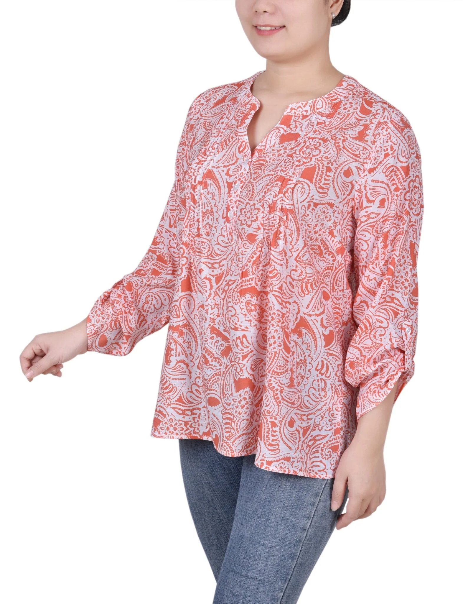 Long Roll Tab Sleeve Pintuck Front Blouse - Petite - Image 5