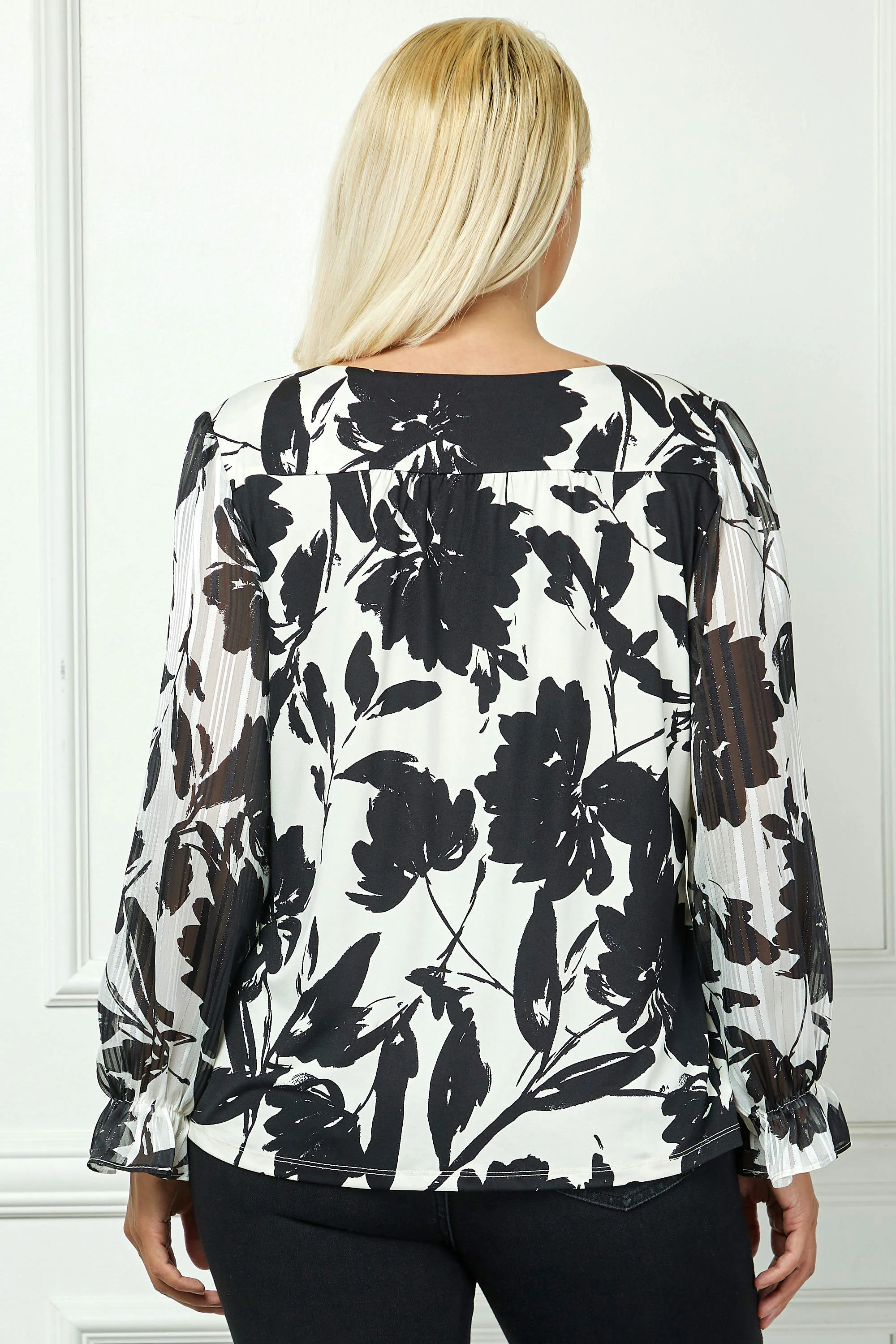 Long Ruffle Sleeve Cutout Trim Front Neck Mix Media Blouse - Plus - Image 4