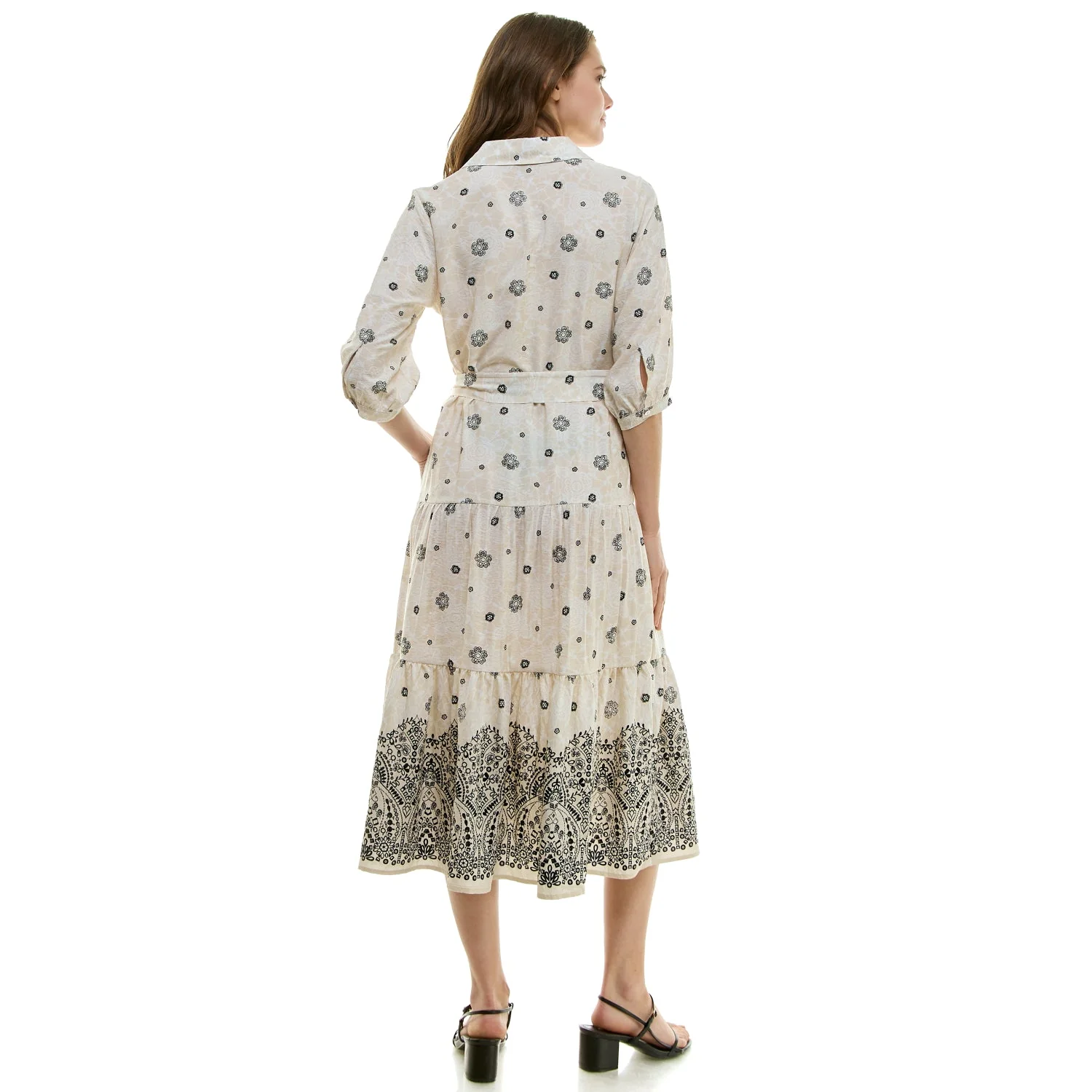 Long Sleeve Button Front Collared Midi Dress With Tied Waist - Image 3