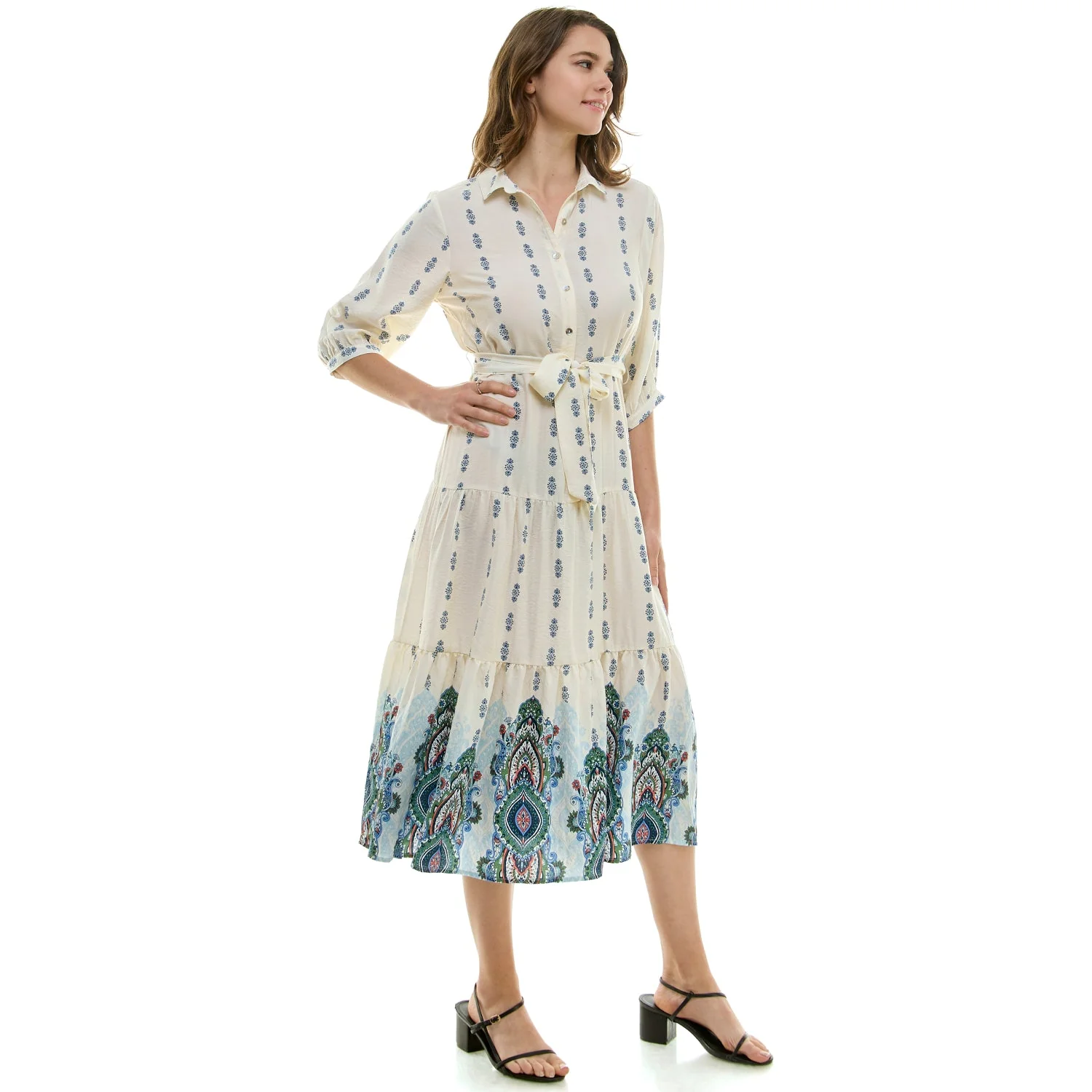 Long Sleeve Button Front Collared Midi Dress With Tied Waist - Image 2
