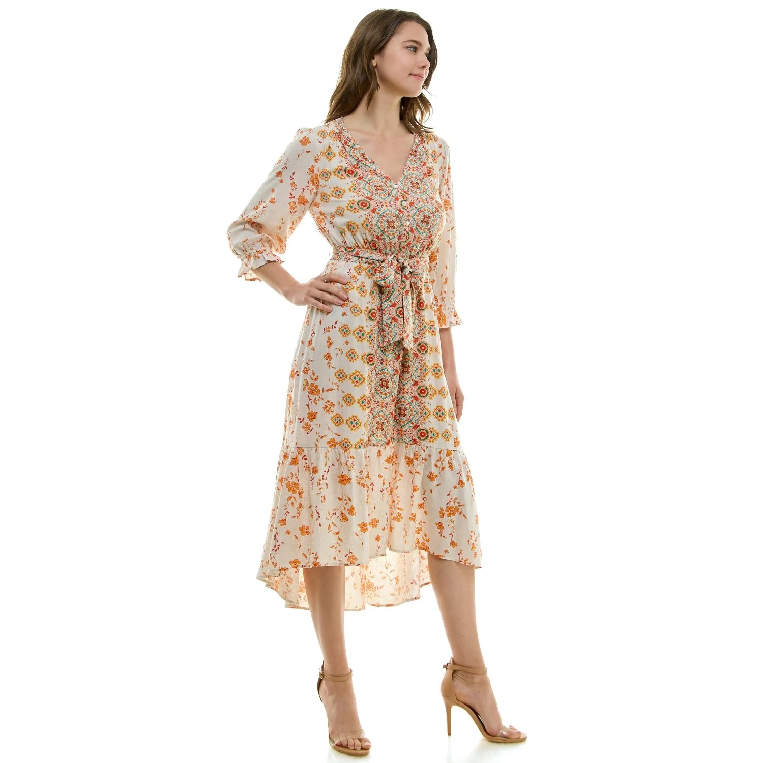 Long Sleeve Button Front V-Neck Printed Midi Dress - Image 2