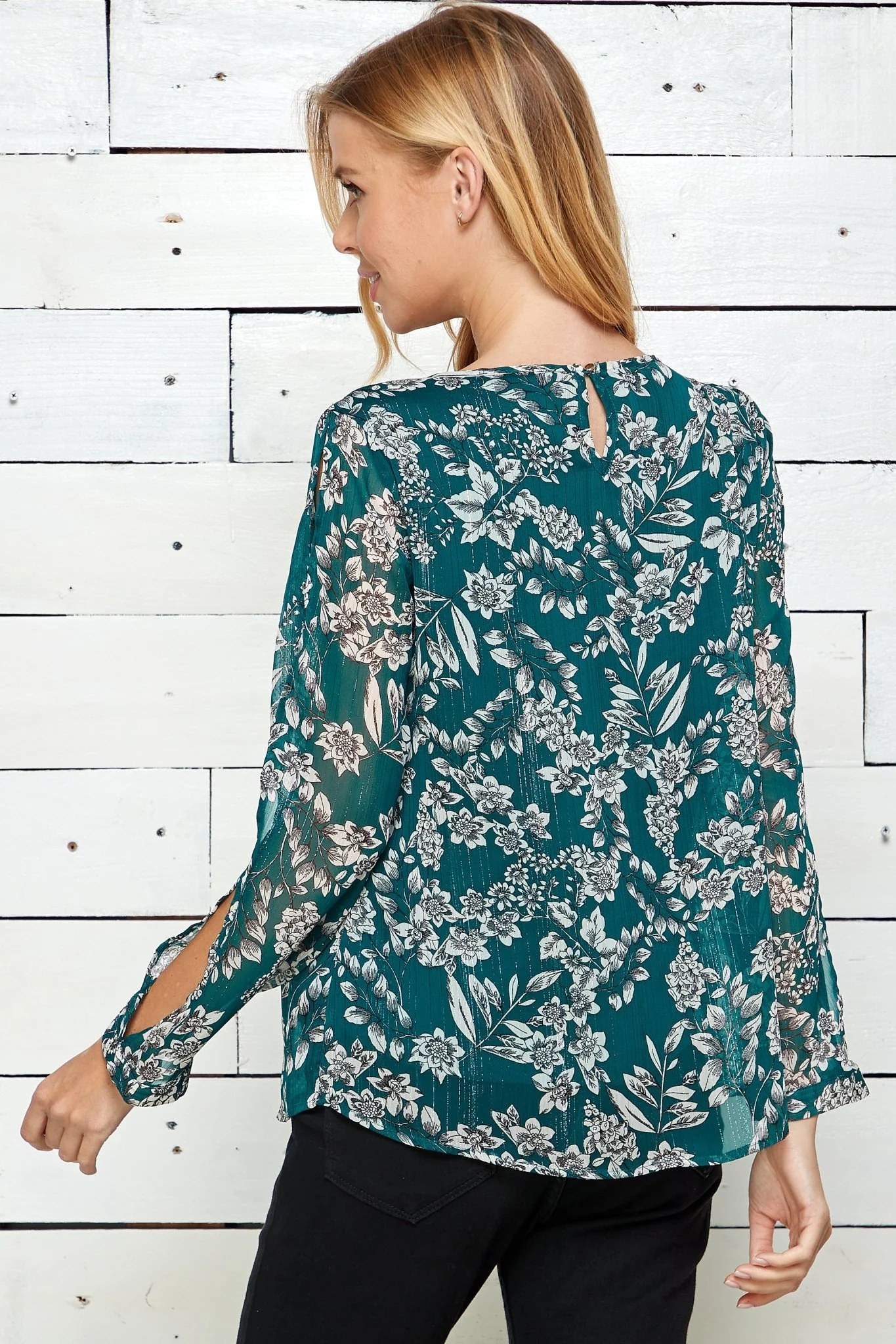 Long Sleeve Cold Shoulder Keyhole Neck Blouse - Image 4