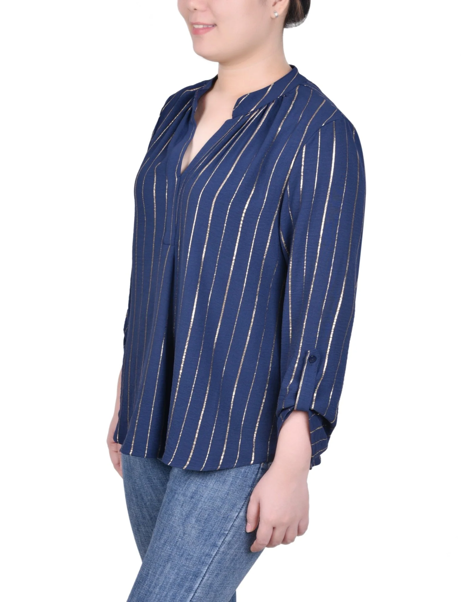 Long Sleeve Foil Striped Blouse - Petite - Image 2