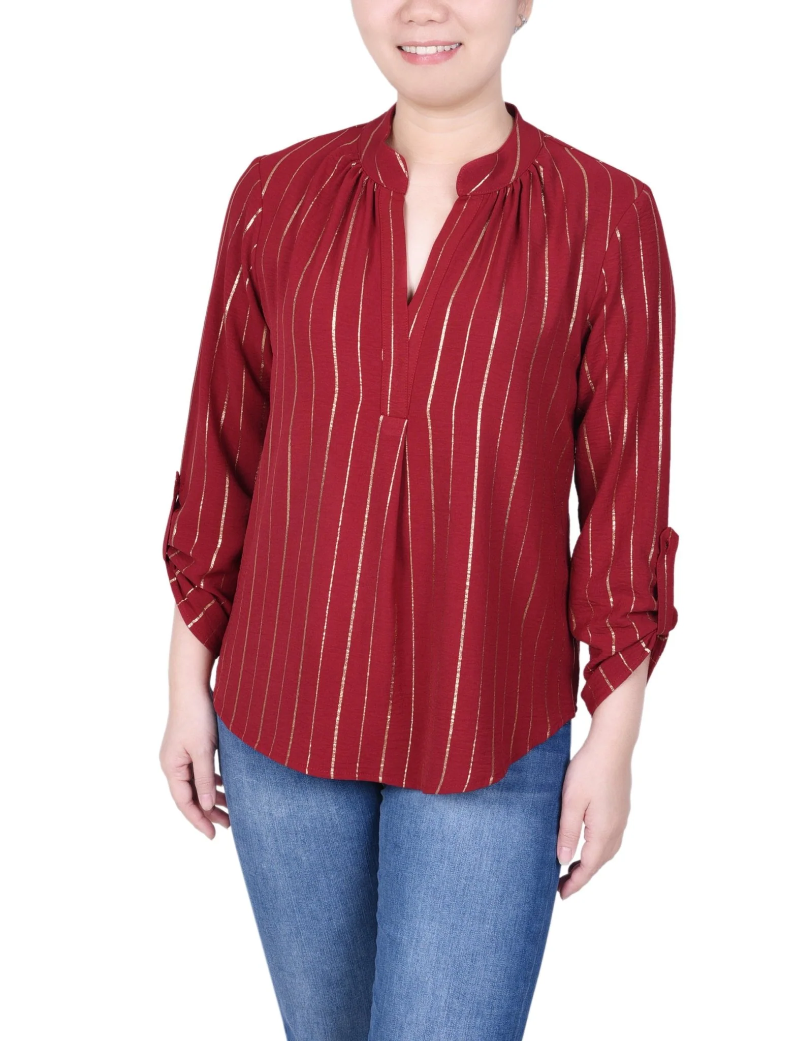 Long Sleeve Foil Striped Blouse - Petite - Image 5