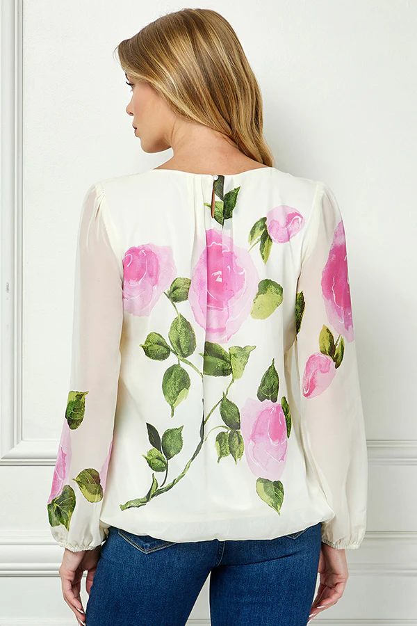 Long Sleeve Pleat Neck Placement Print Bubble Blouse in Ivory - Image 4
