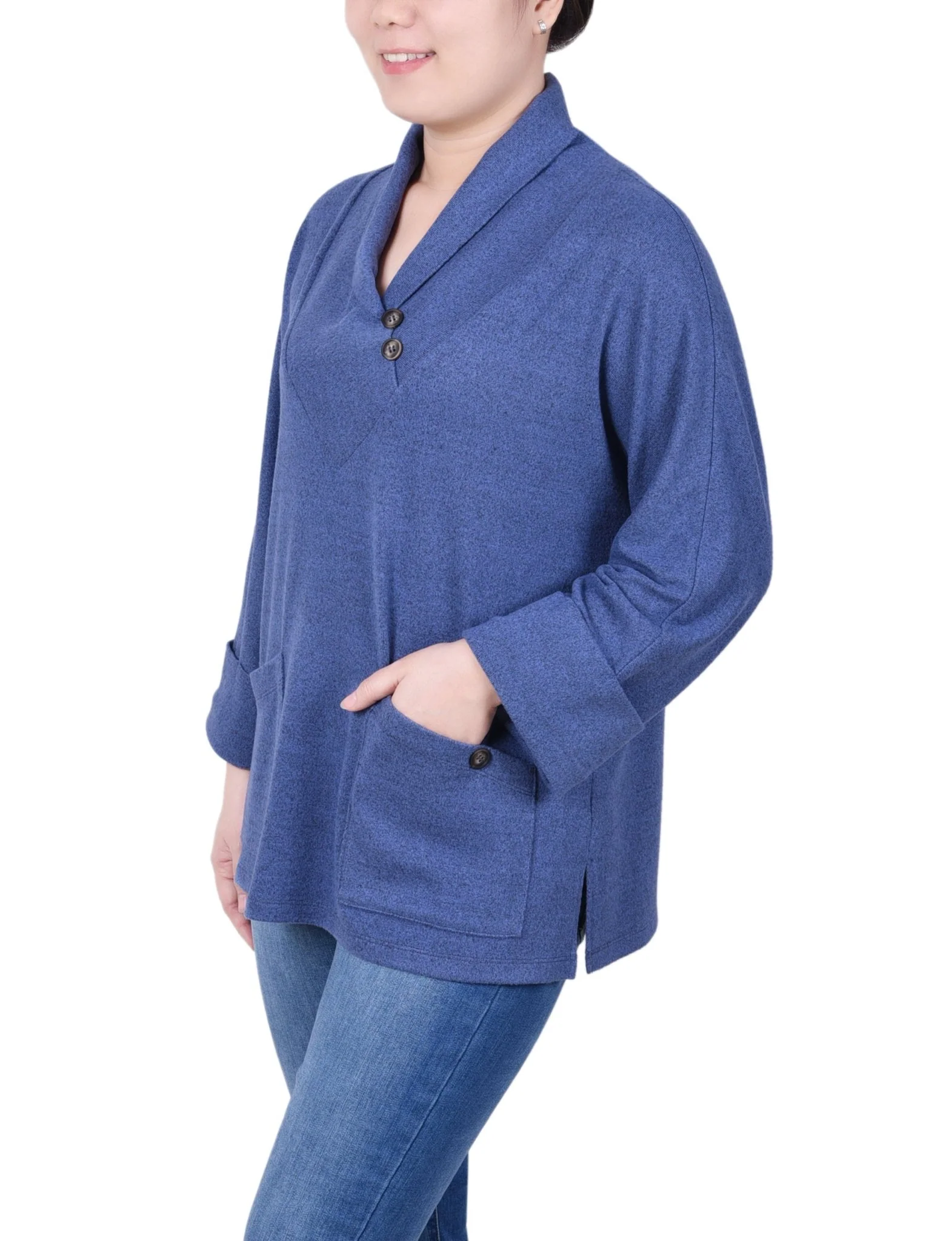 Long Sleeve Shawl Collar Top With Pockets - Petite - Image 2