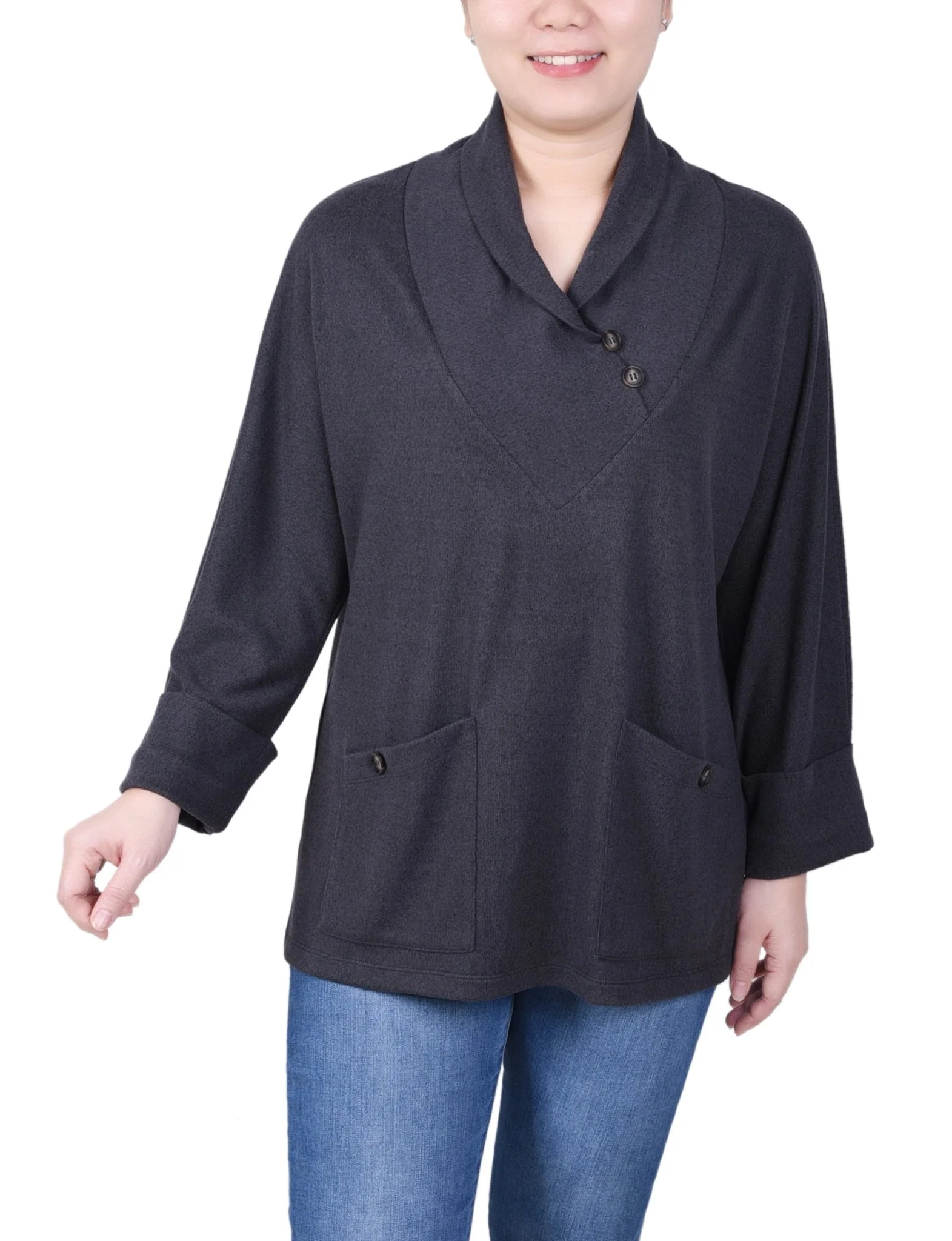 Long Sleeve Shawl Collar Top With Pockets - Petite - Image 5